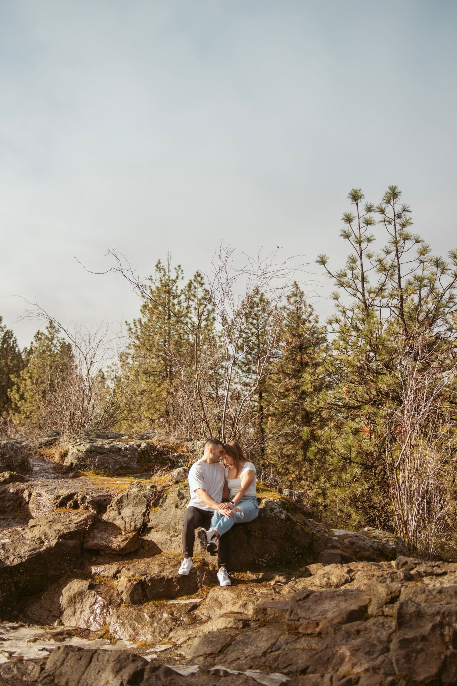 Couple sitting on rocky outcrop overlooking pine forest landscape.