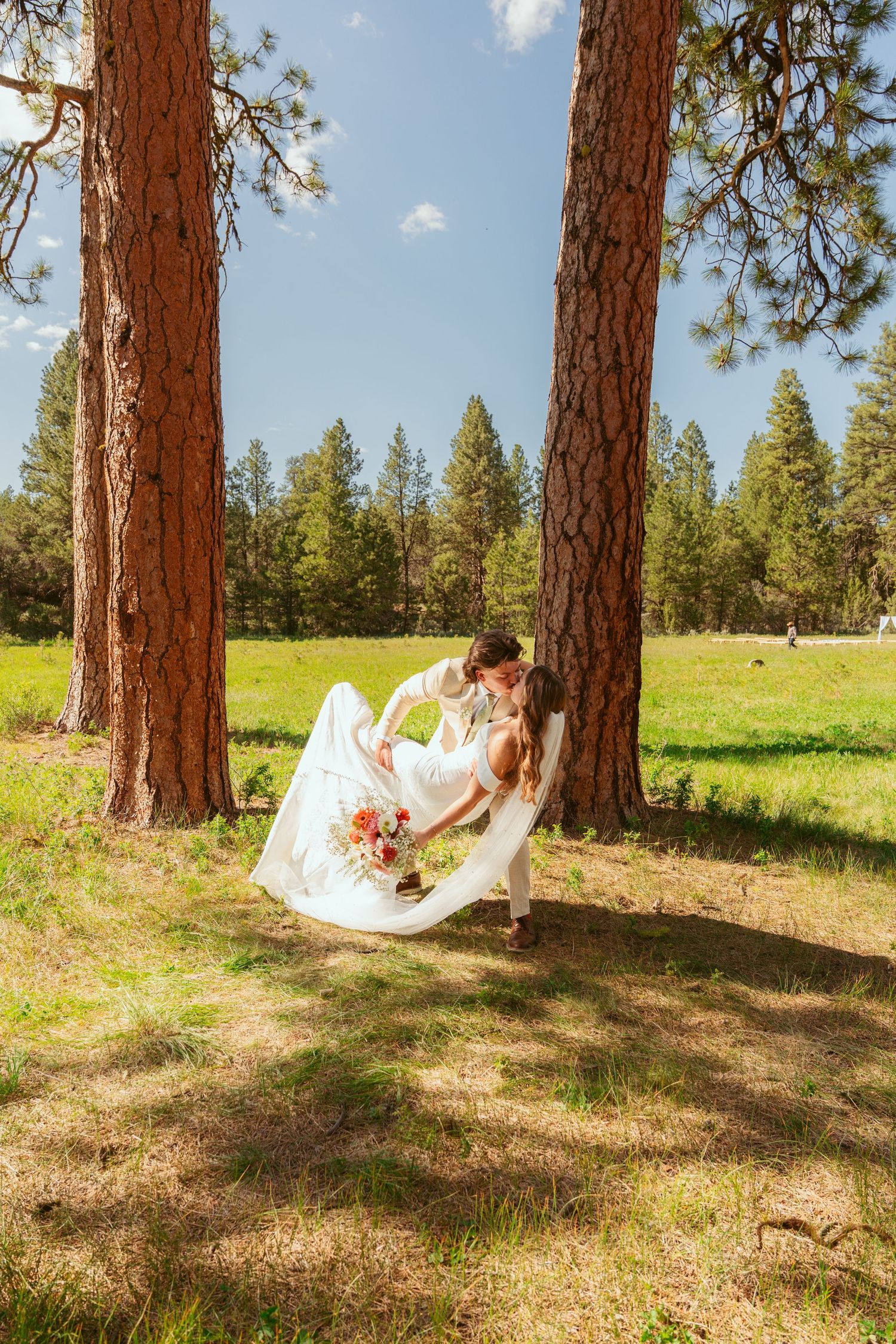 A bride in a flowing white dress twirls between two tall pine trees in a sunny meadow.