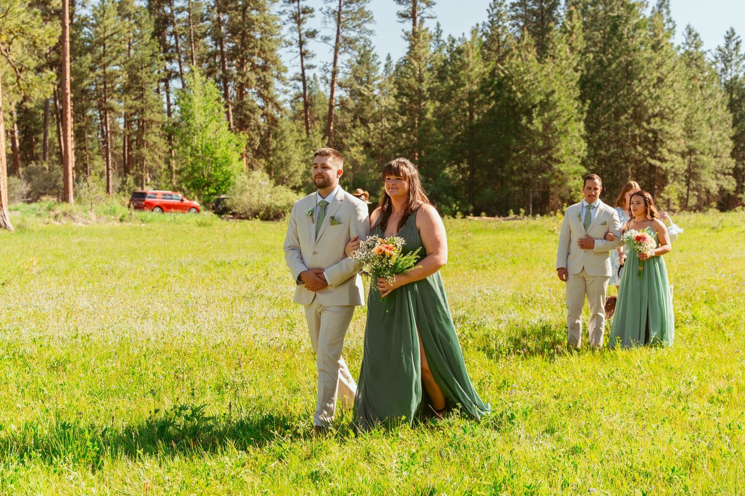 Wedding celebration in an outdoor meadow with pine forest backdrop and natural lighting.