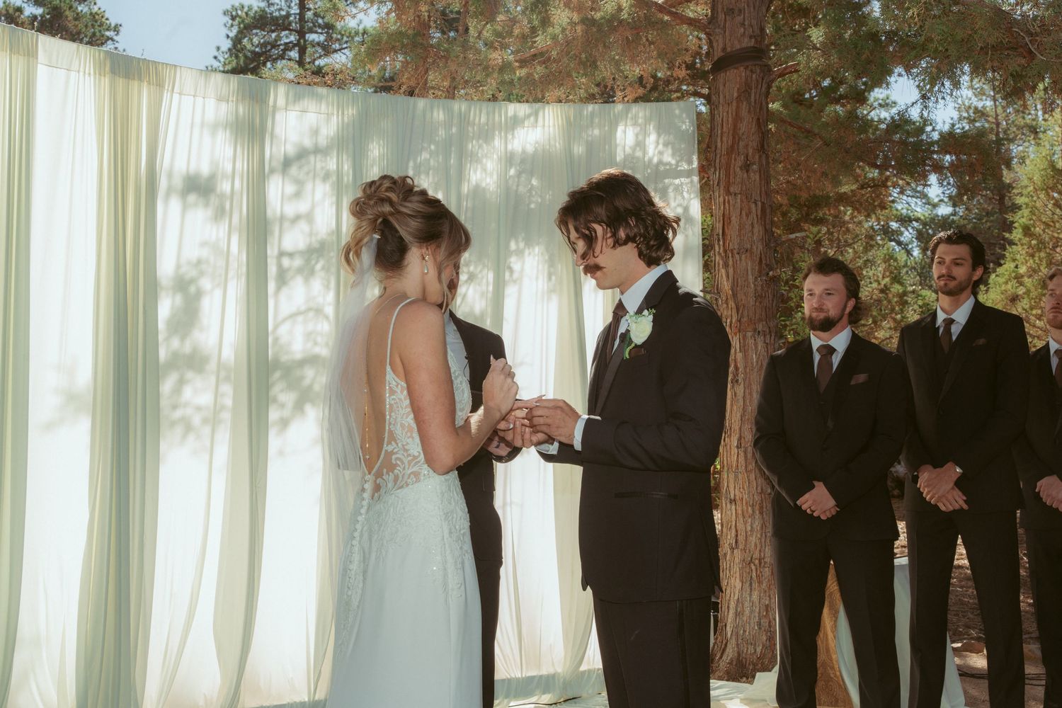 Intimate wedding ceremony moment under tall pine trees with white curtain backdrop and groomsmen.