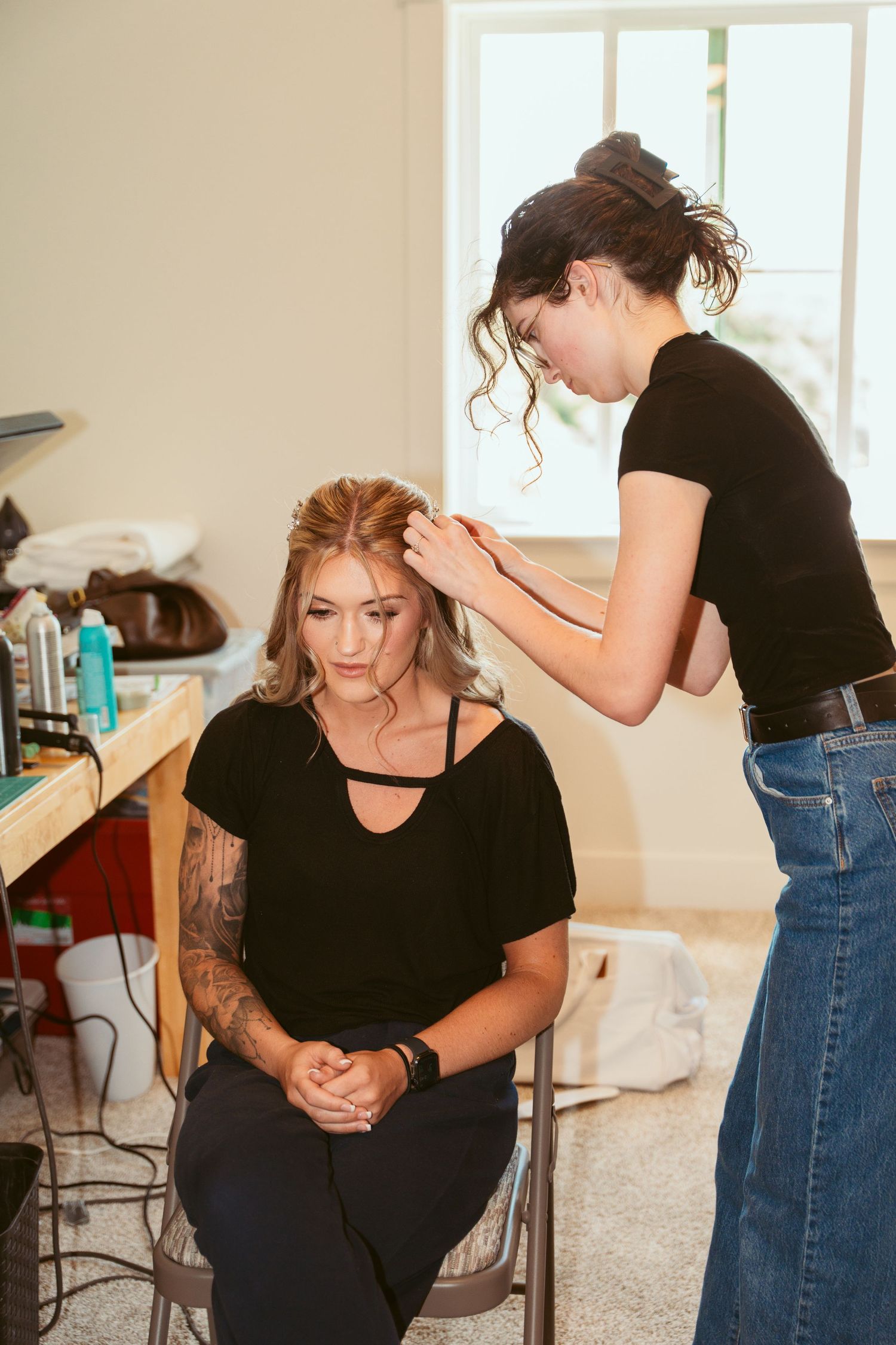 Series of photos showing hair styling process in a bright indoor setting.