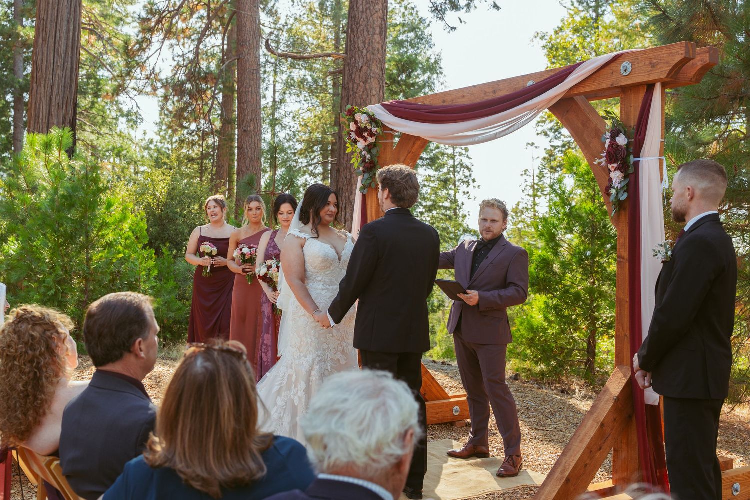 Outdoor wedding ceremony with guests gathered beneath tall pine trees.