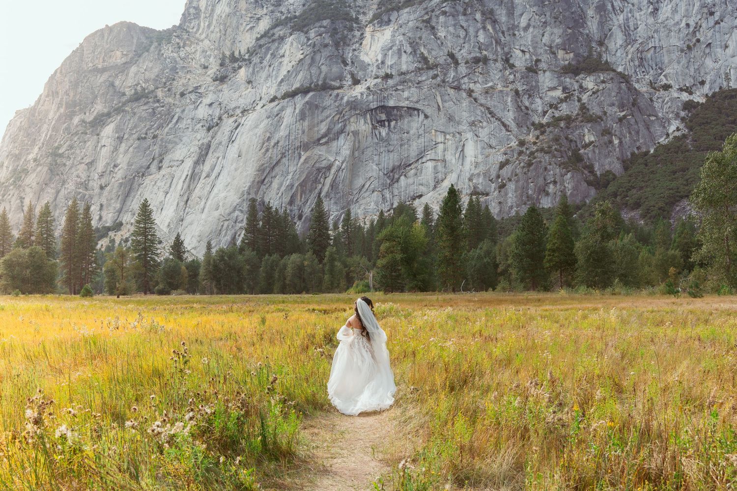 A wedding couple embraces in a meadow with dramatic granite cliffs of Yosemite Valley in the background.