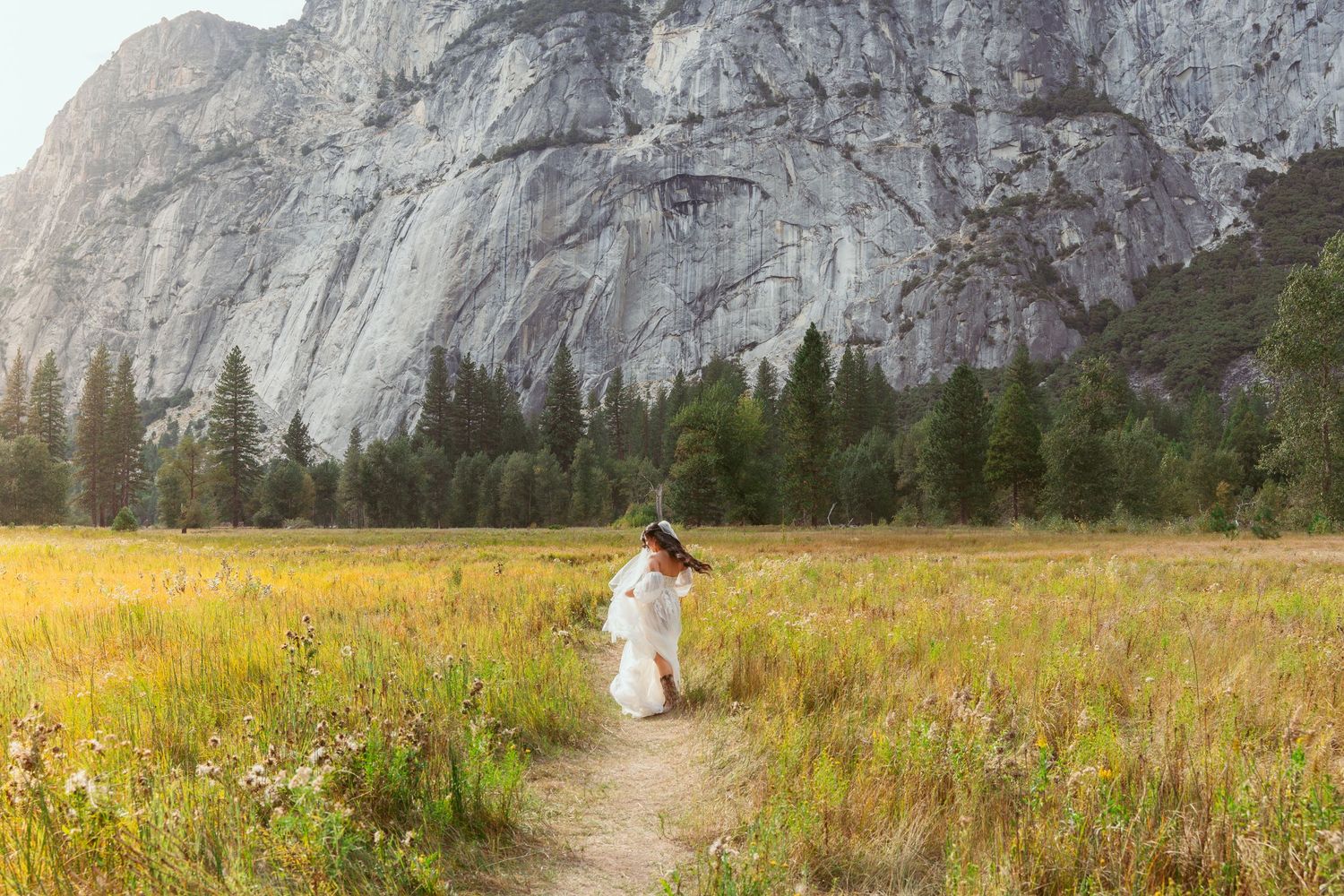 Wedding photo in Yosemite Valley with couple standing in wildflower meadow against massive rock face.