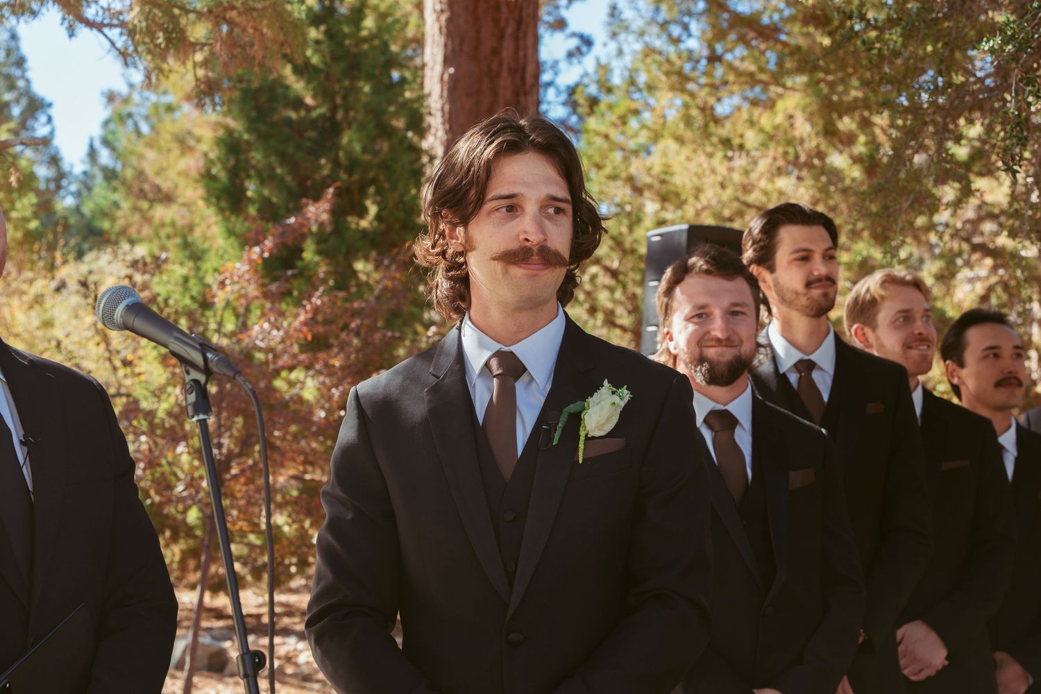 Wedding party members in formal attire stand together under tall pine trees.