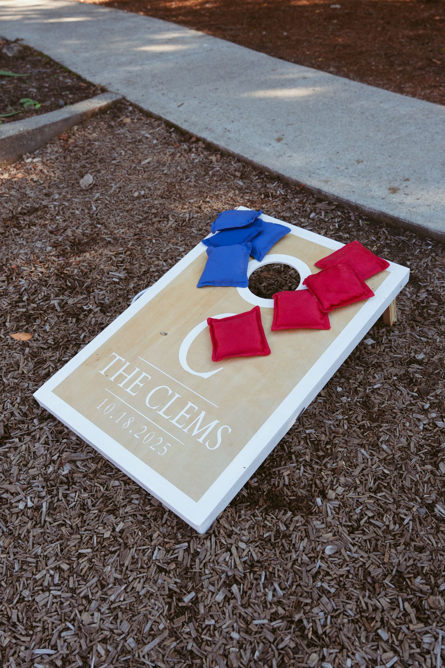Cornhole game board customized with 'The Clems' text and red and blue bean bags.