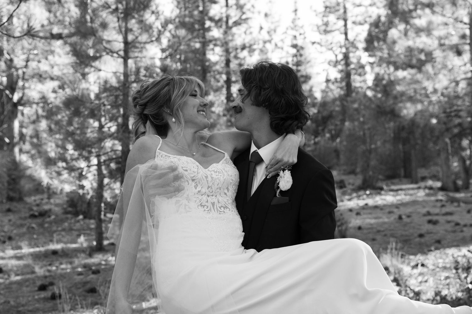 Wedding couple's romantic moments photographed in sequence against a forest backdrop.
