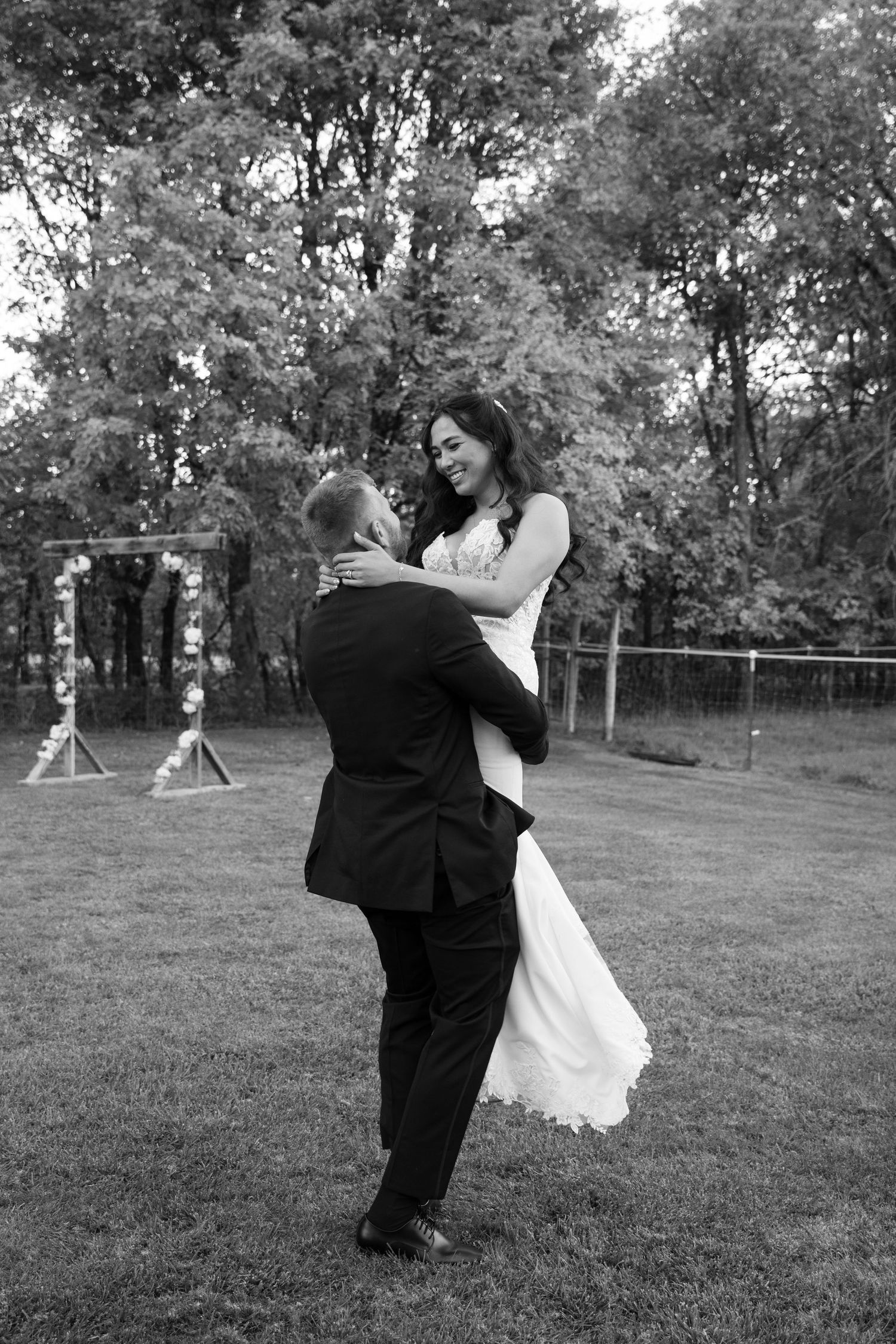 Series of black and white photos showing a couple dancing in a scenic outdoor setting.