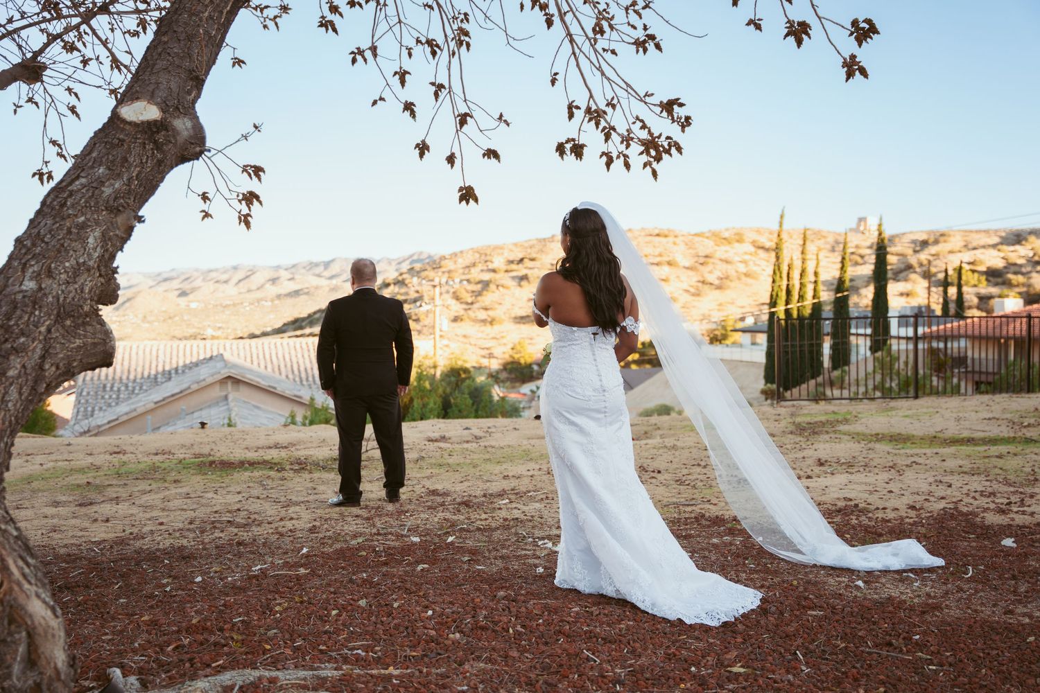 Wedding ceremony in progress under trees with desert mountains in the background.