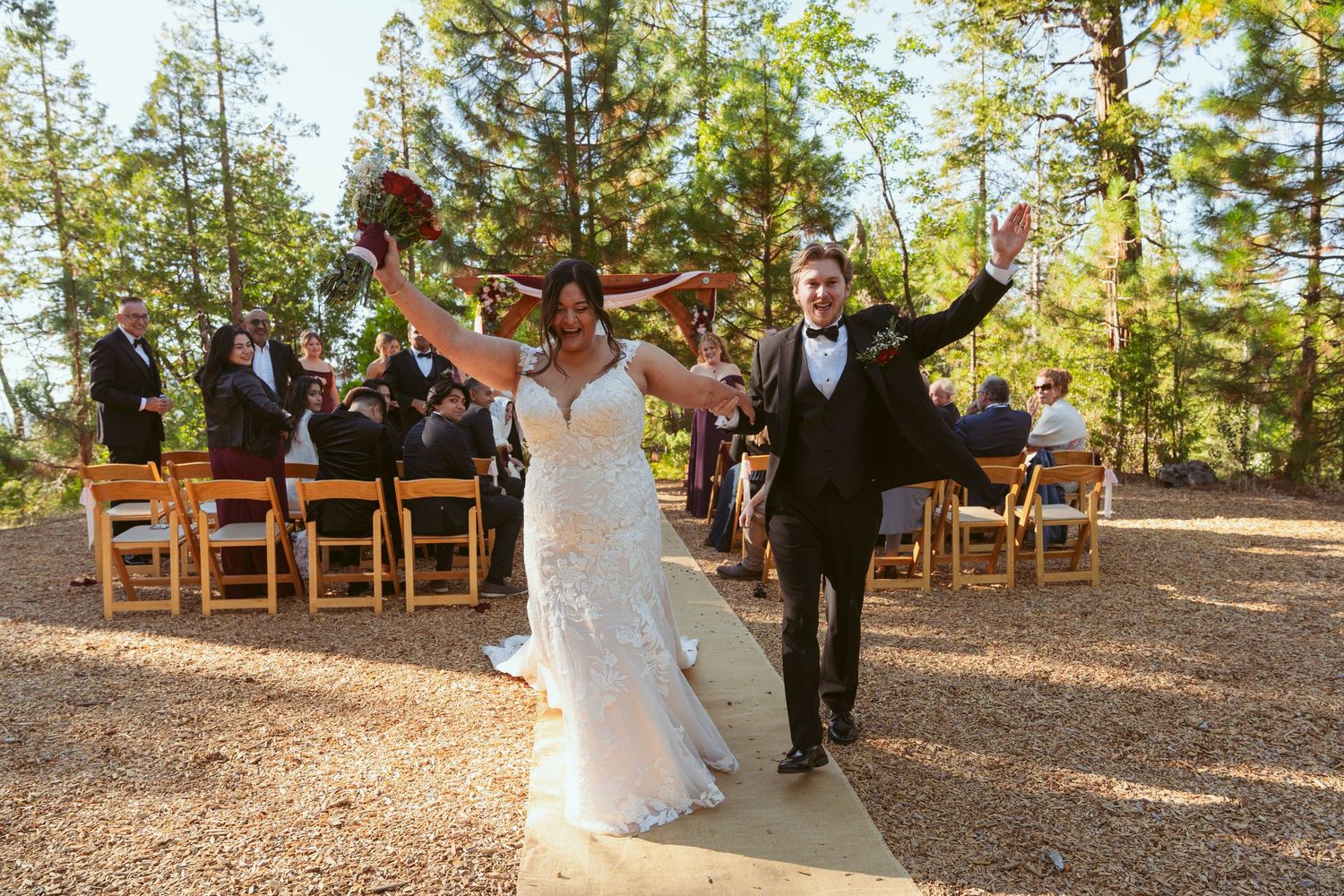 Scenic forest wedding ceremony with wooden chairs and natural pine tree backdrop.