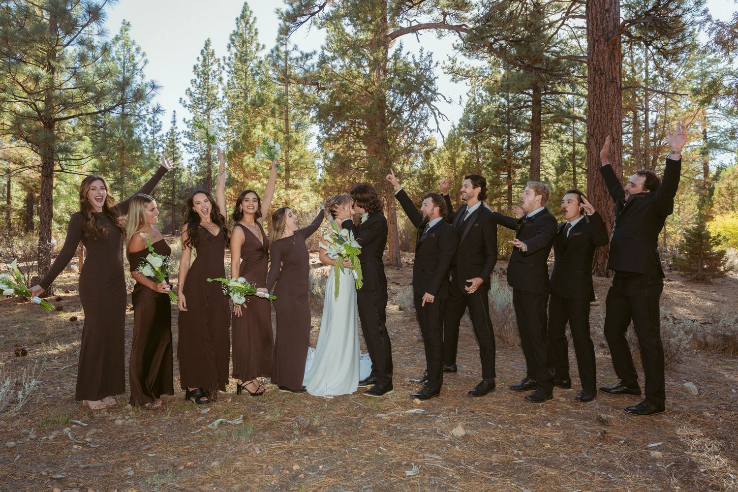 Wedding party poses together outdoors in brown dresses and suits among tall pine trees.