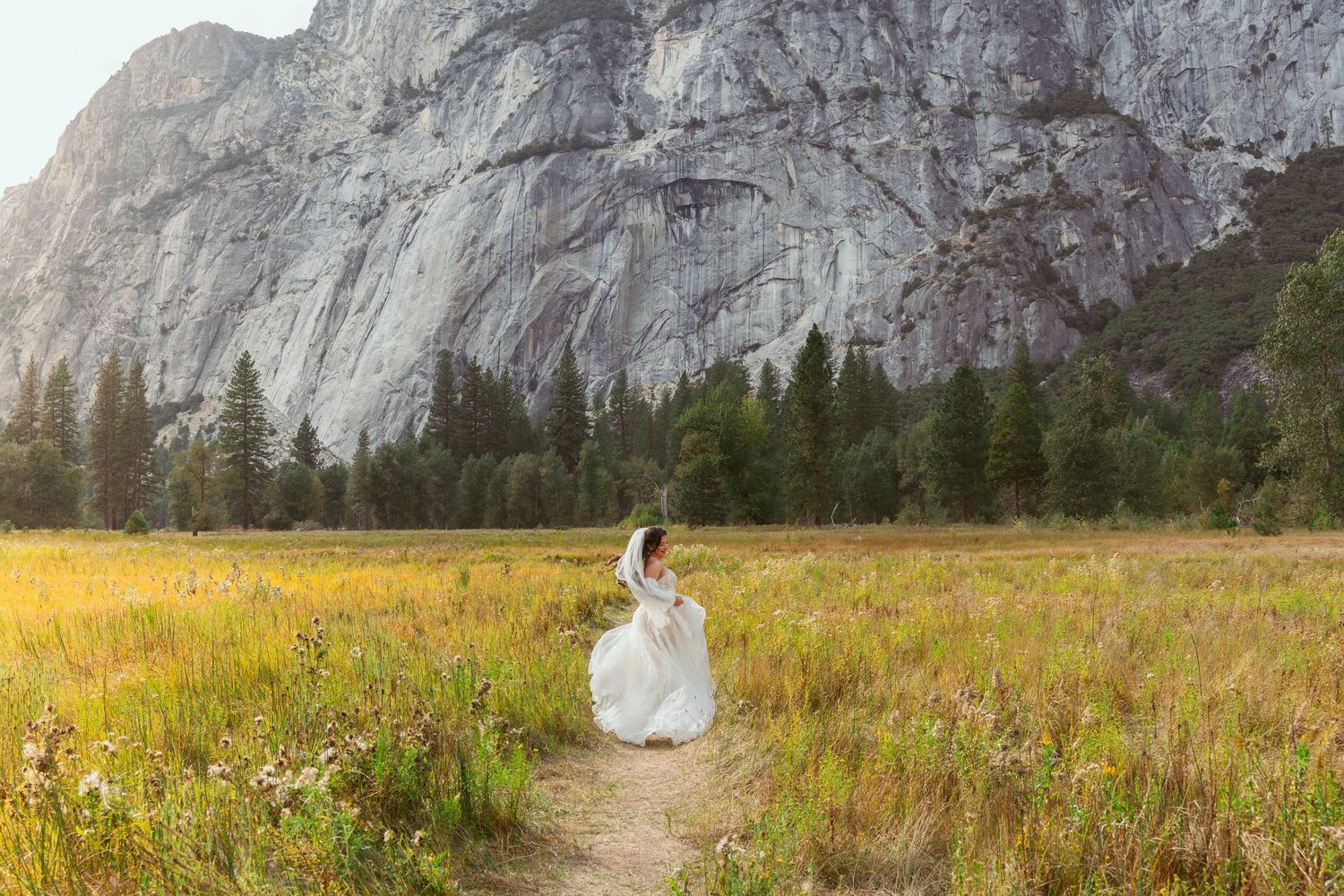 Couple in wedding attire stands in golden meadow beneath towering granite cliffs at sunset.