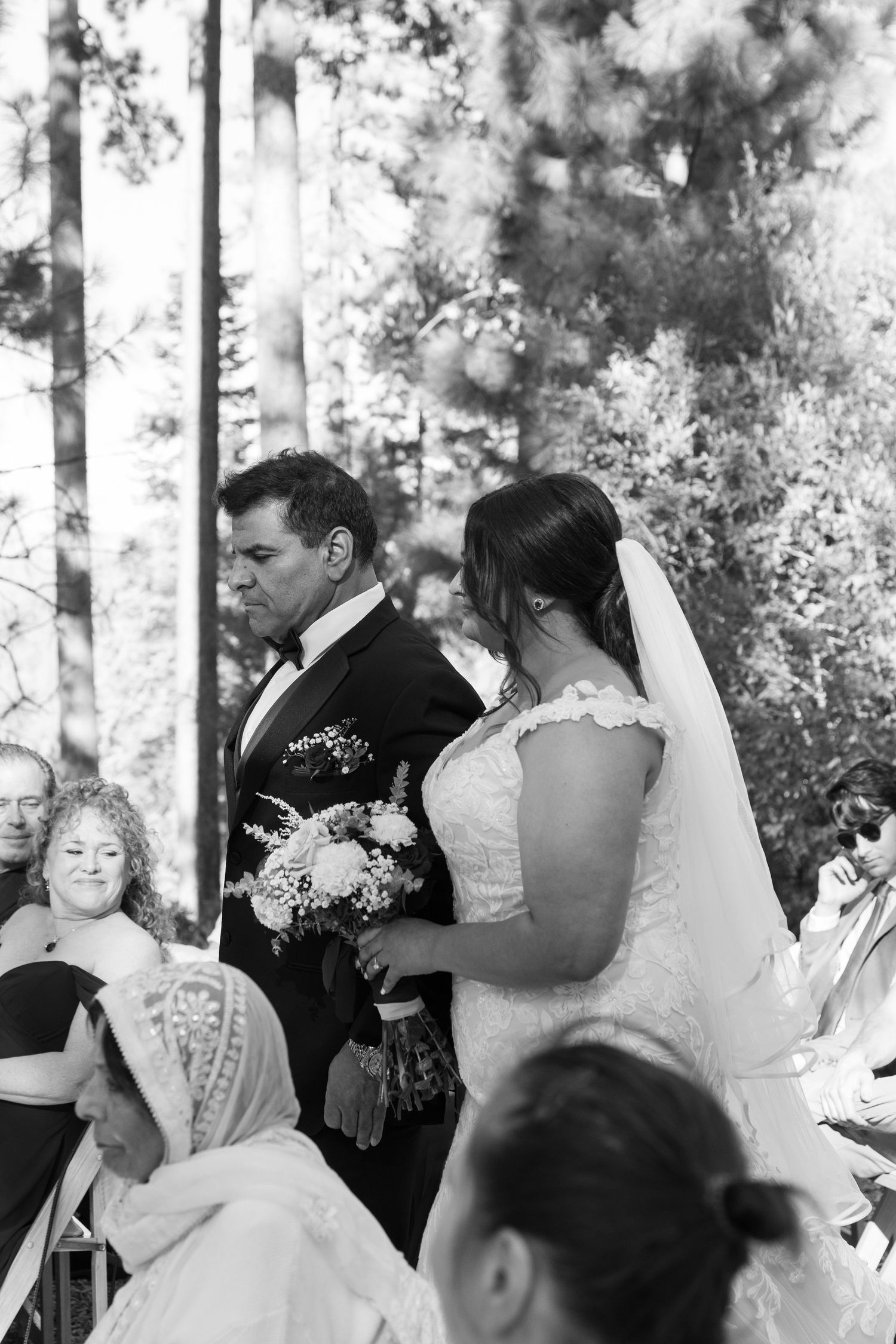 Black and white photo of a wedding ceremony in progress among tall pine trees.