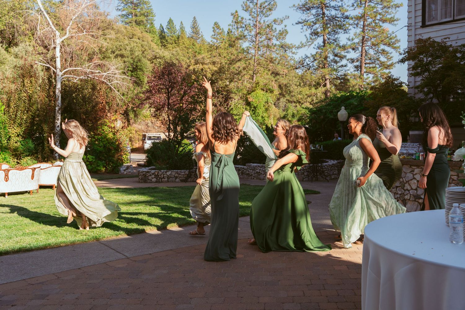 Wedding party in formal attire dances and celebrates outdoors on a sunny day with trees in the background.