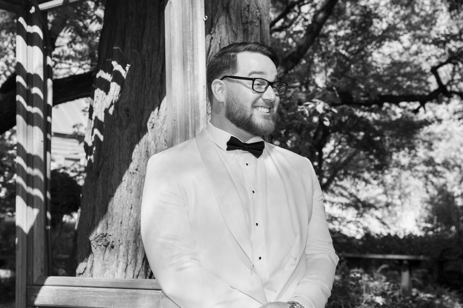 Black and white photos show people in formal attire at an elegant wedding celebration.