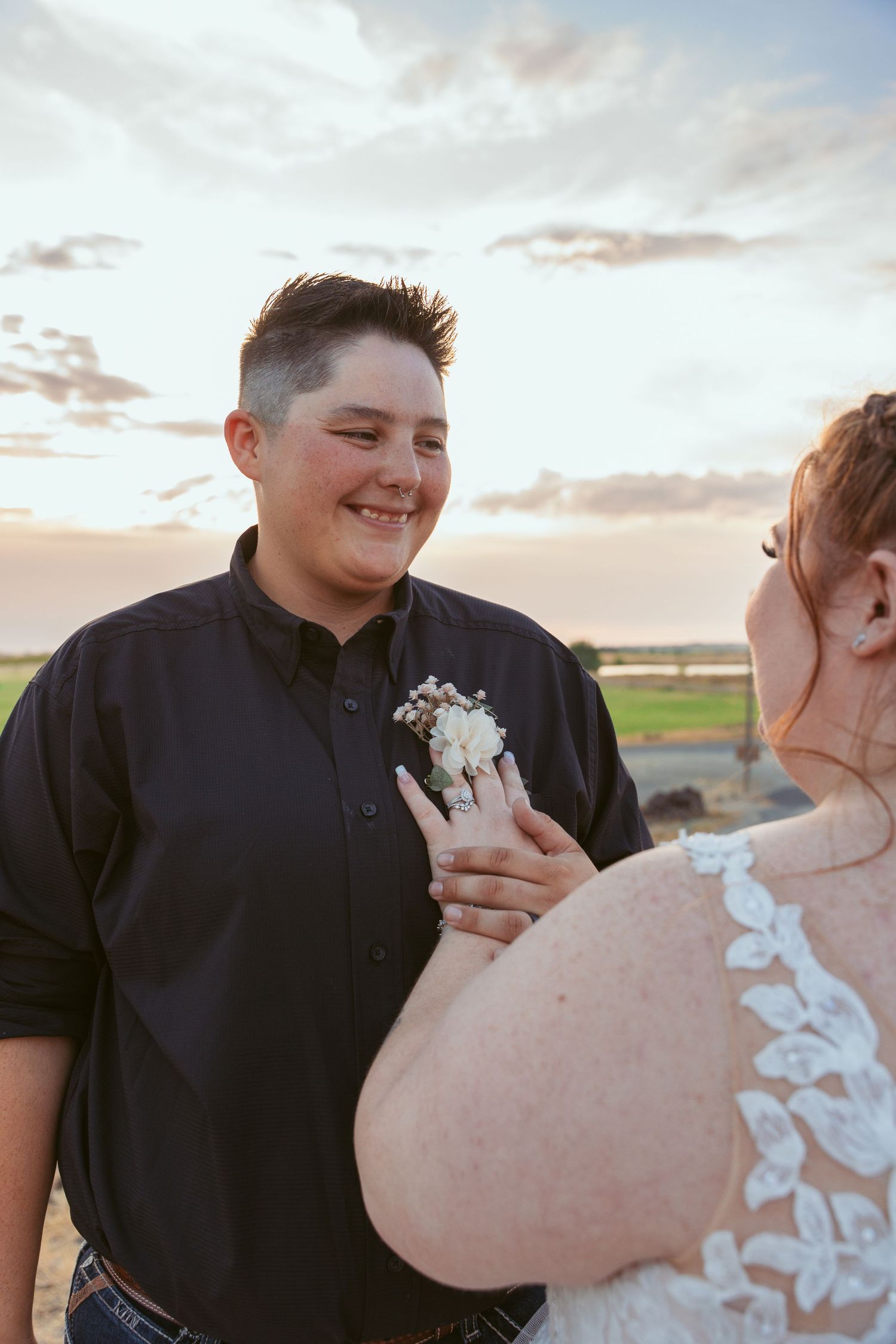 Candid wedding photos capturing intimate moments between a couple during sunset.