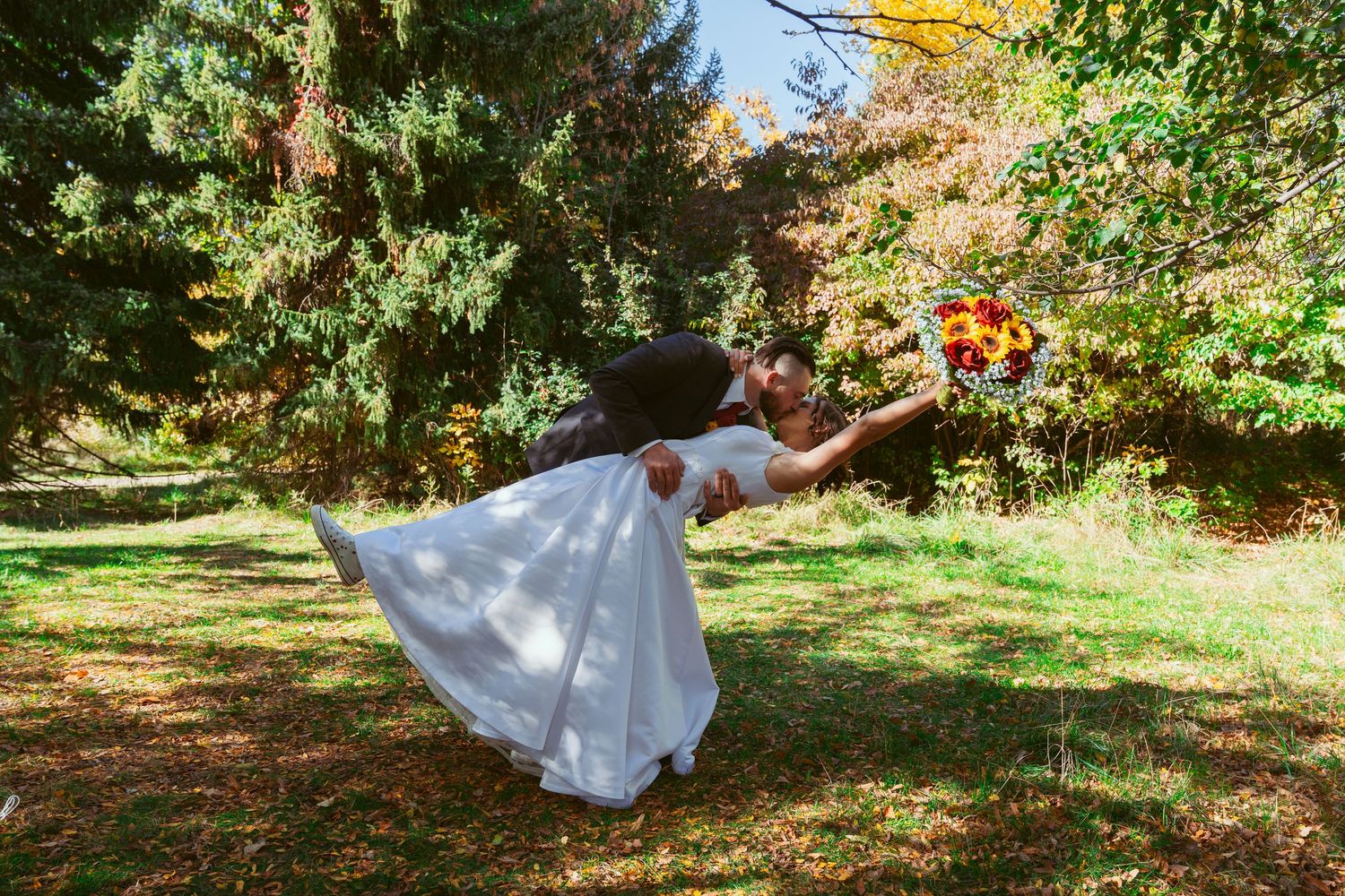 Series showing flowing white wedding dress movement against lush green garden backdrop.