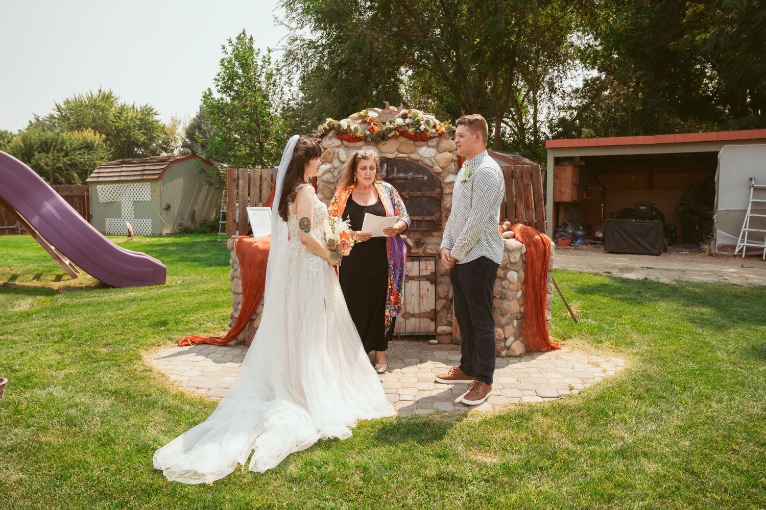 A series of outdoor wedding photos showing a couple in a garden setting with natural lighting.