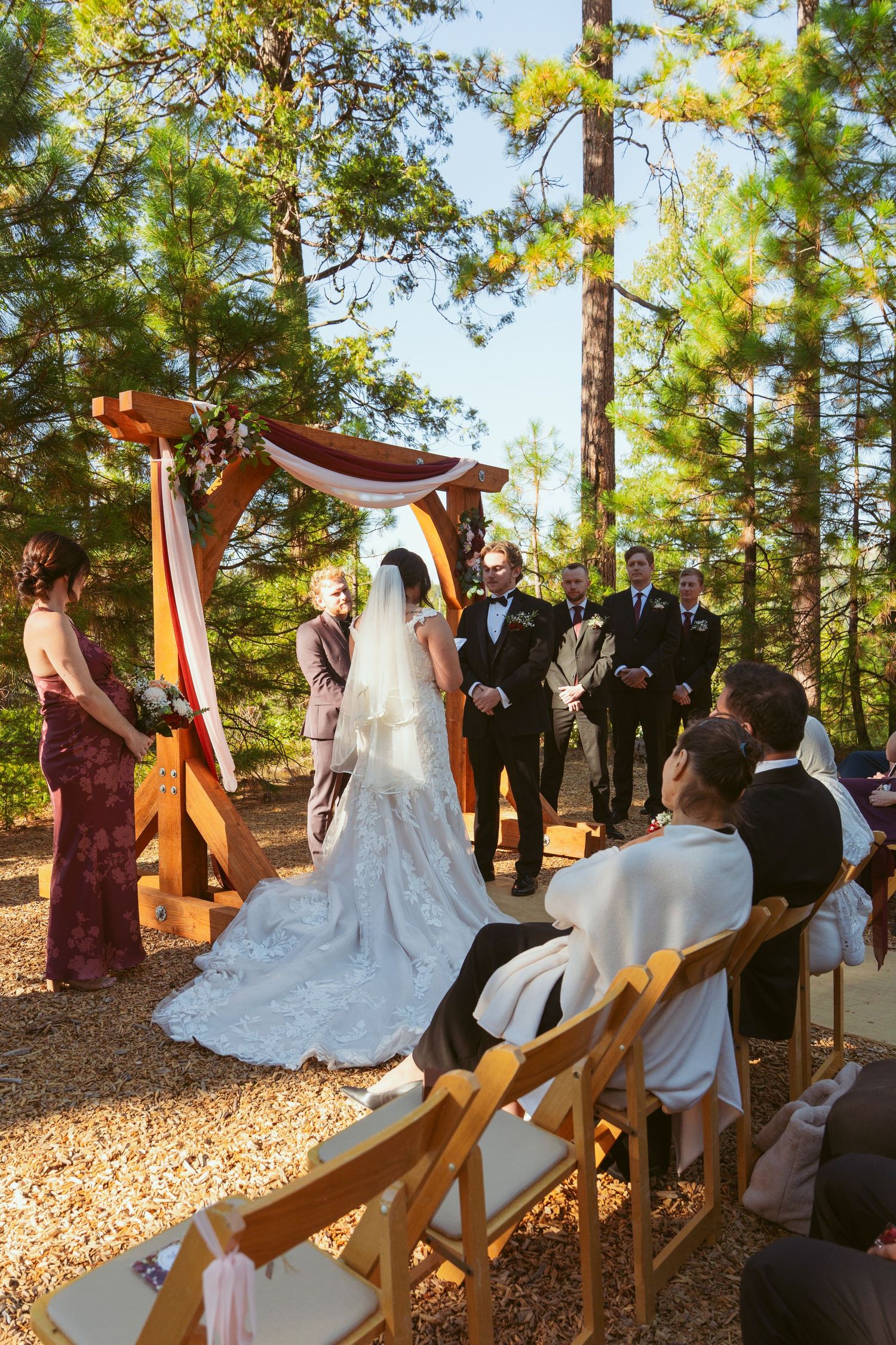 Sunlit wedding ceremony in a forest setting with guests seated on wooden chairs.