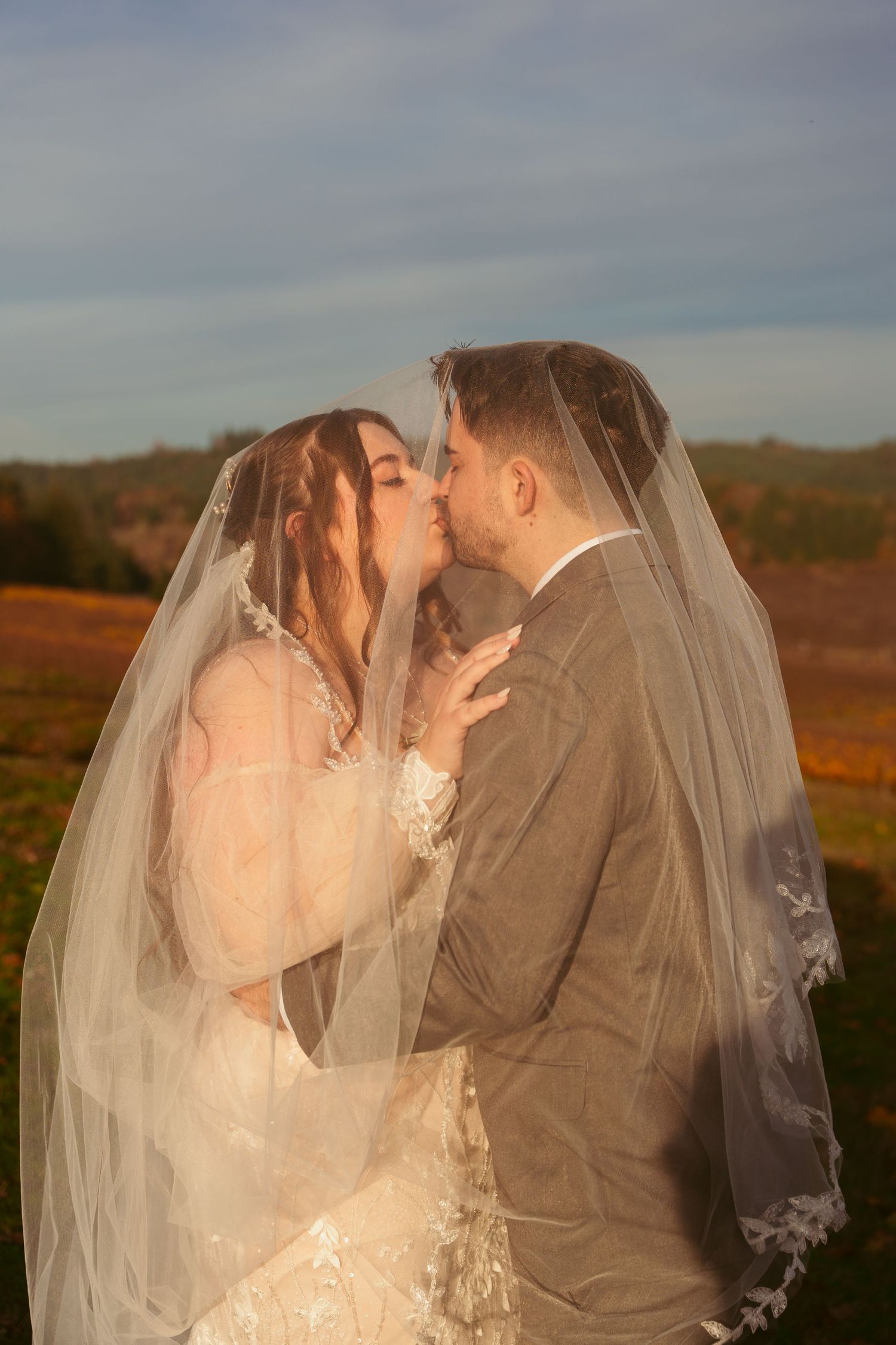Wedding couple embraces beneath a delicate lace veil against a rural landscape.