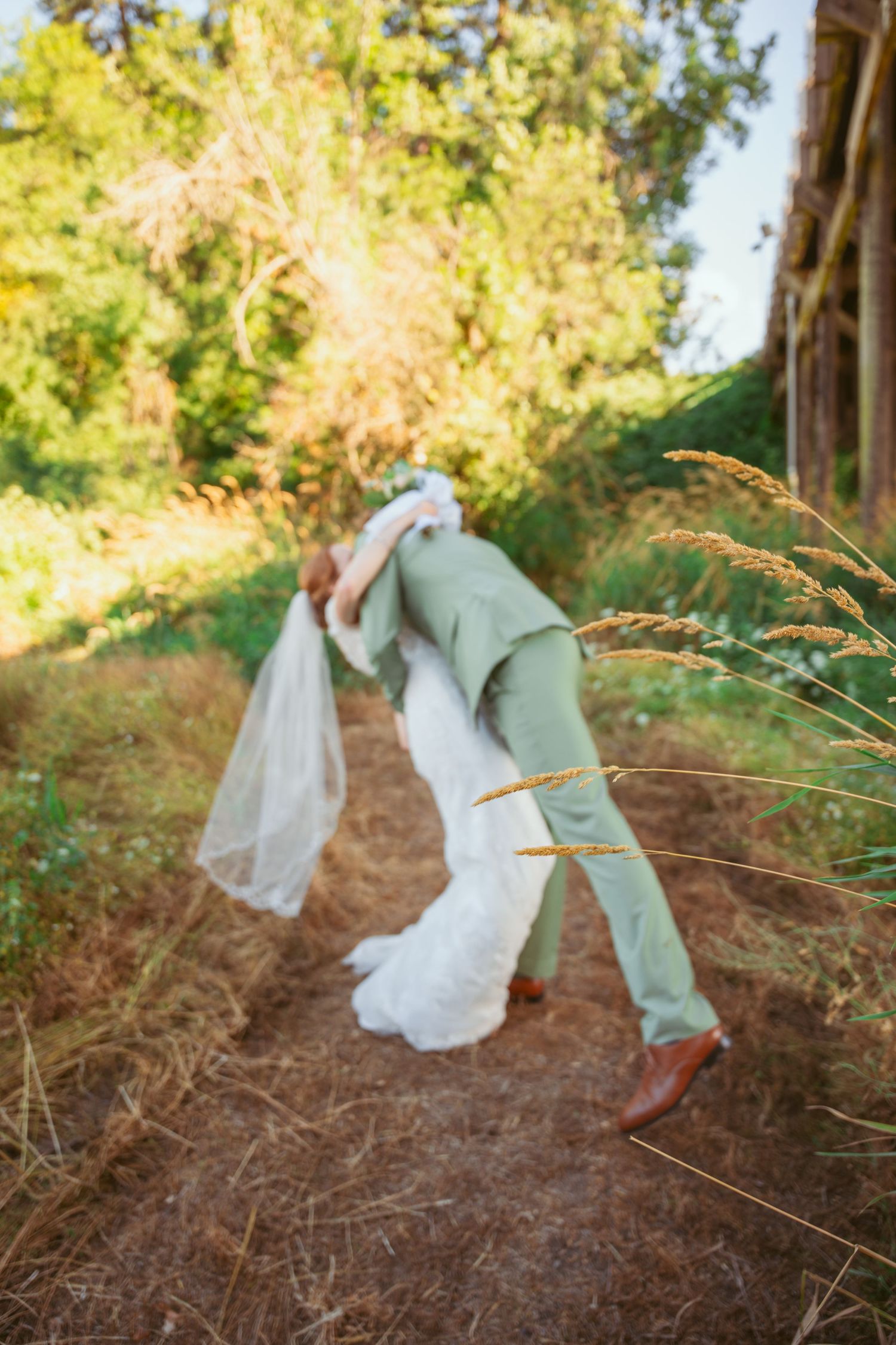 Artistic sequence shows couple dancing and twirling in green suit and white dress against golden sunlight.
