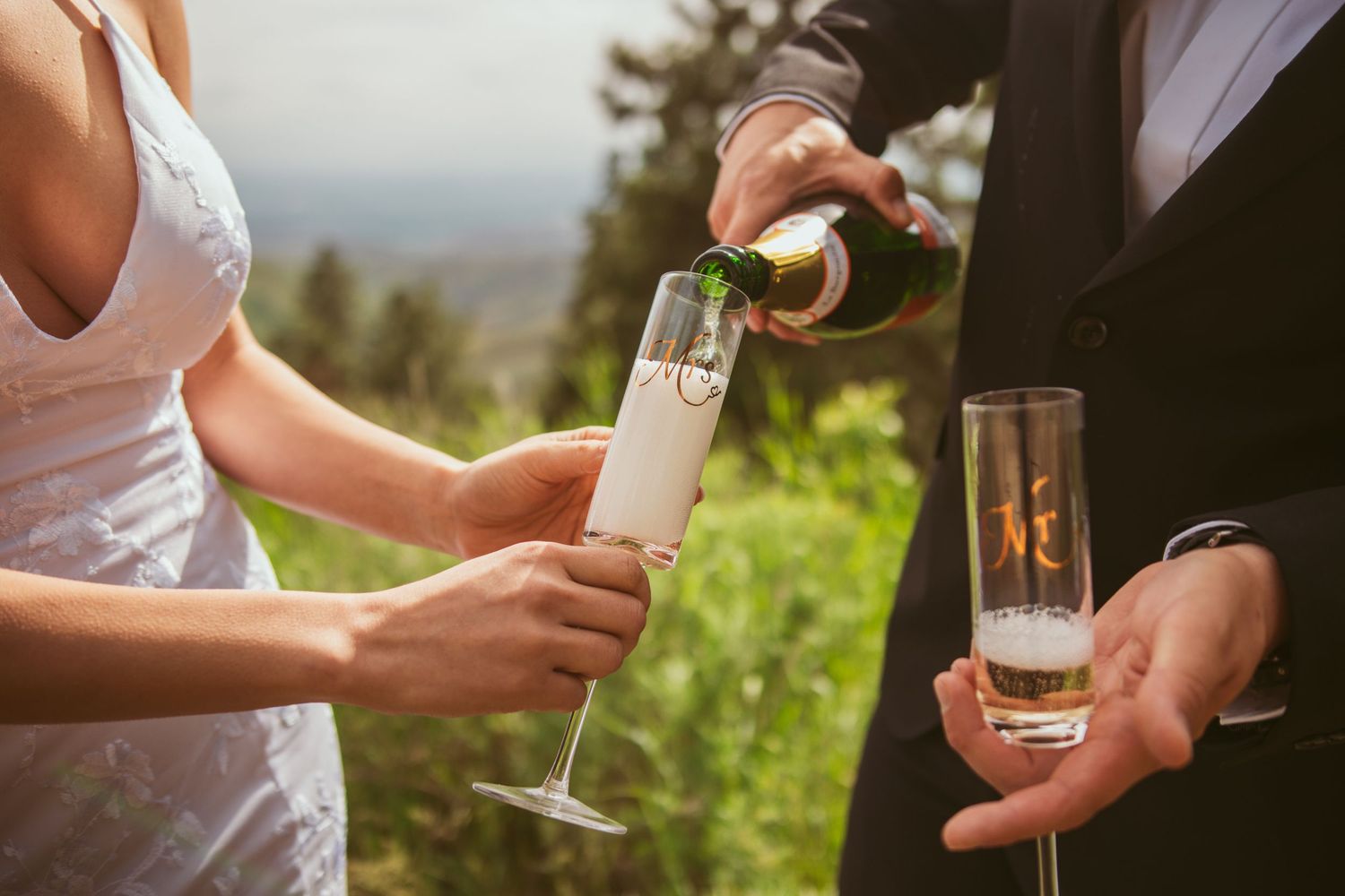 Intimate champagne toasting moments during outdoor wedding celebration.