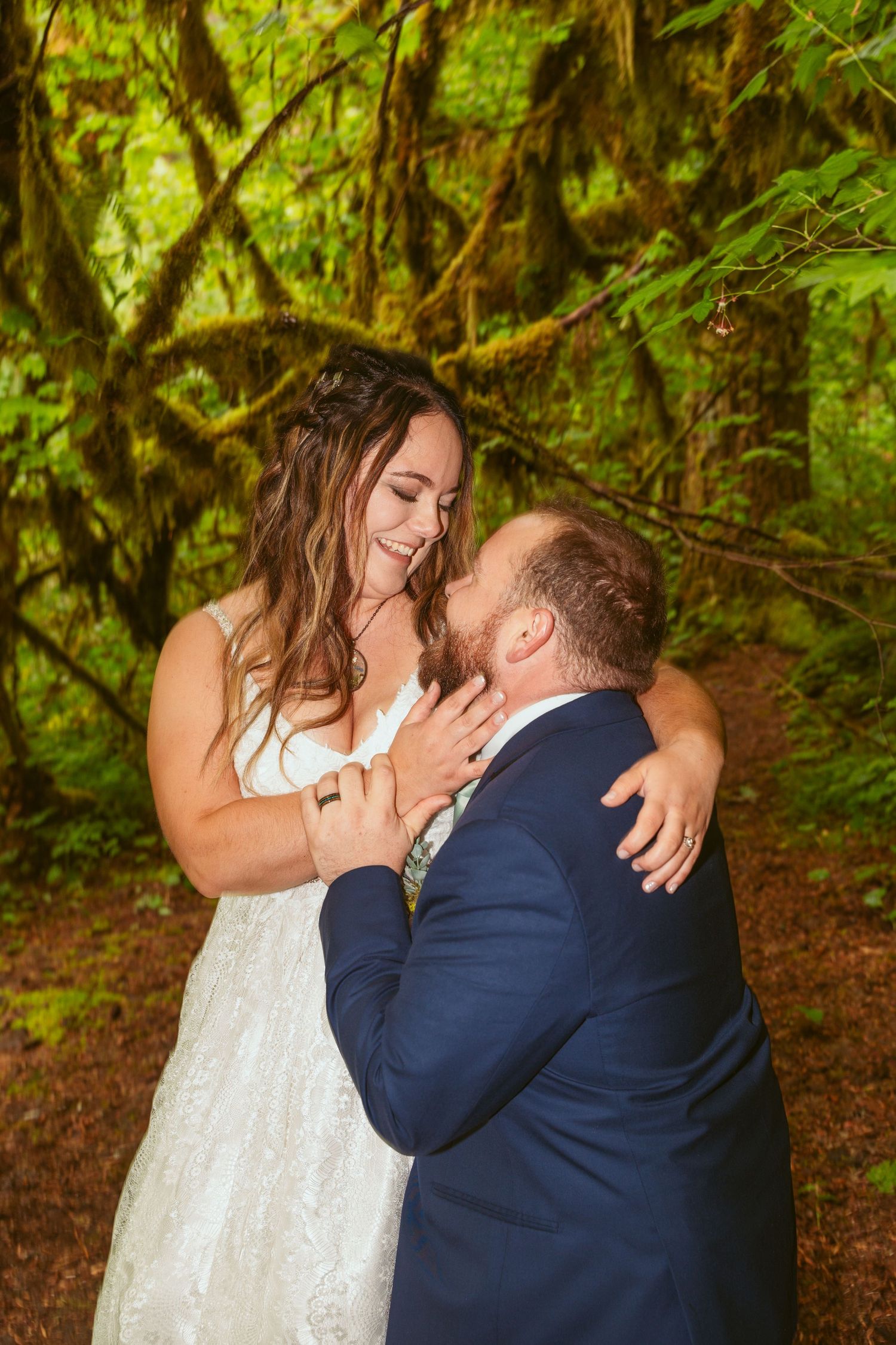 A romantic wedding photo sequence showing a couple embracing in a lush green forest setting.