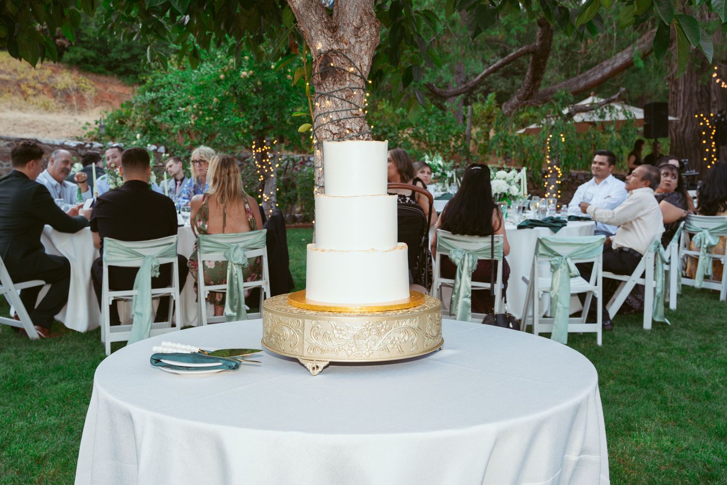 Outdoor wedding reception setup with white tables and chairs arranged on a green lawn under trees.
