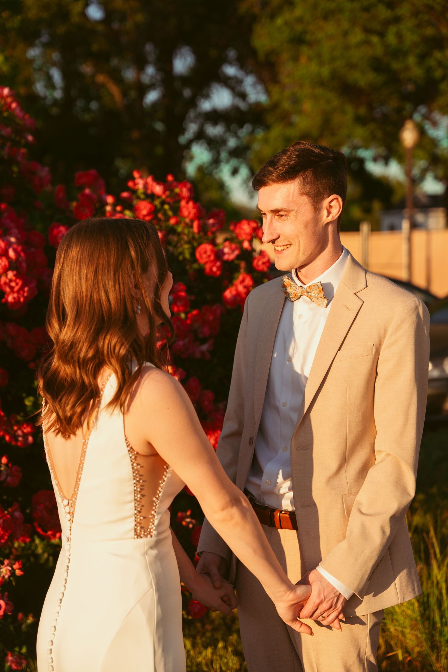 Romantic sunset moment with couple against vibrant red rose bush in garden setting.