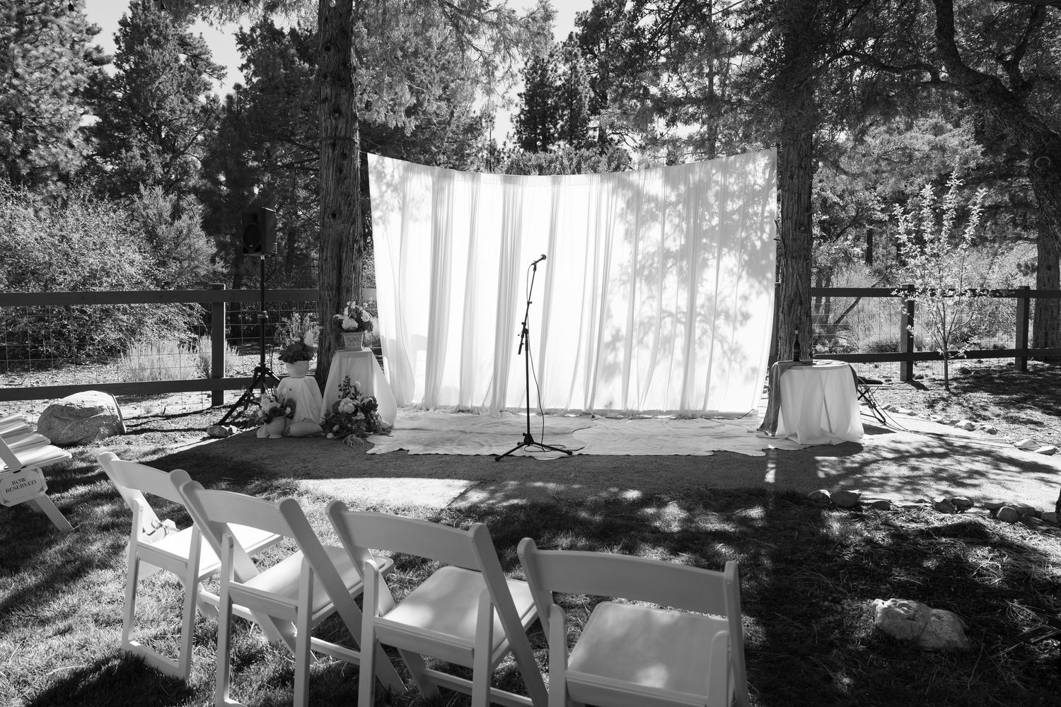 Outdoor wedding ceremony setup with white chairs arranged in rows under tall trees.