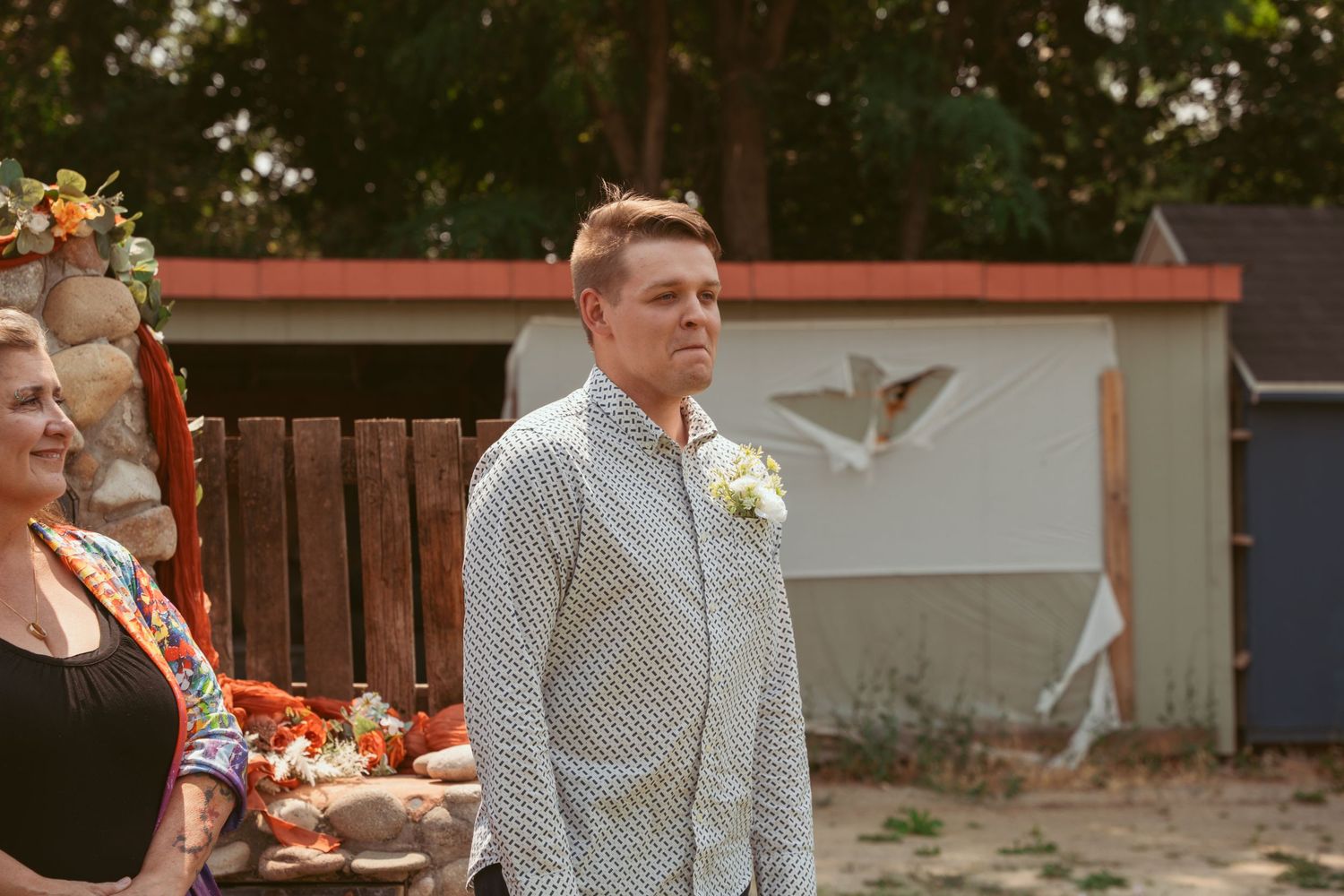 A sequence of candid wedding moments captured outdoors with natural lighting and rustic elements.