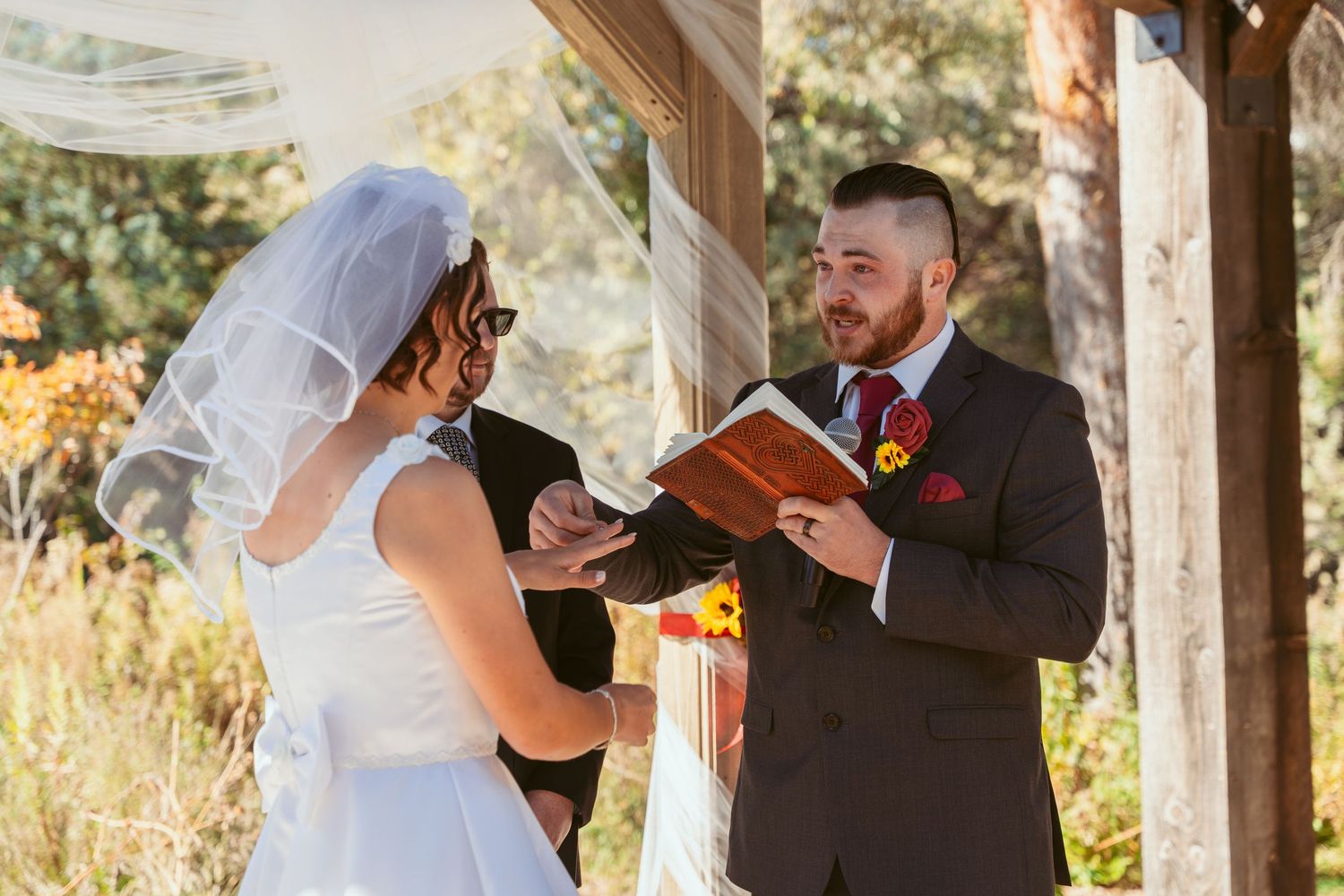 Wedding ceremony sequence showing emotional moments under rustic wooden pavilion.