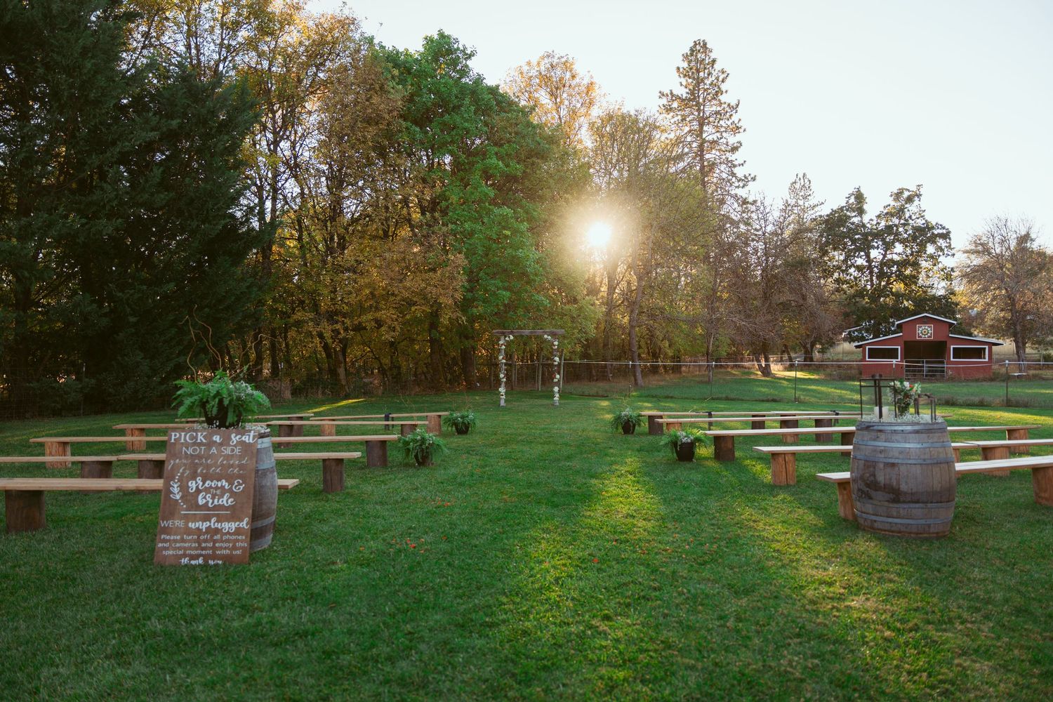 Wooden picnic tables arranged in rows on a grassy hillside at sunset with golden sunlight filtering through trees.