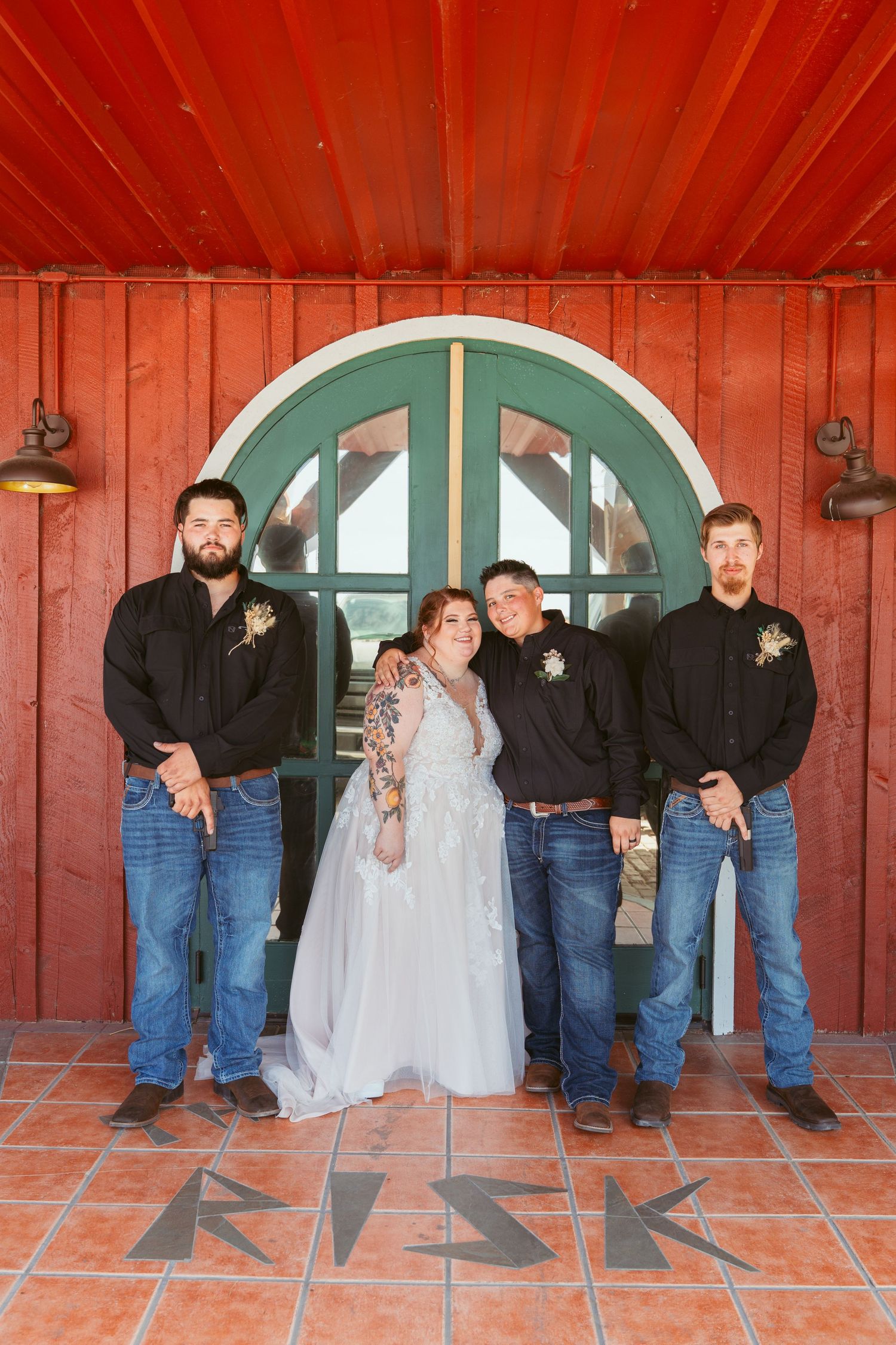 Creative wedding party photo sequence showing fun poses against rustic red barn backdrop.