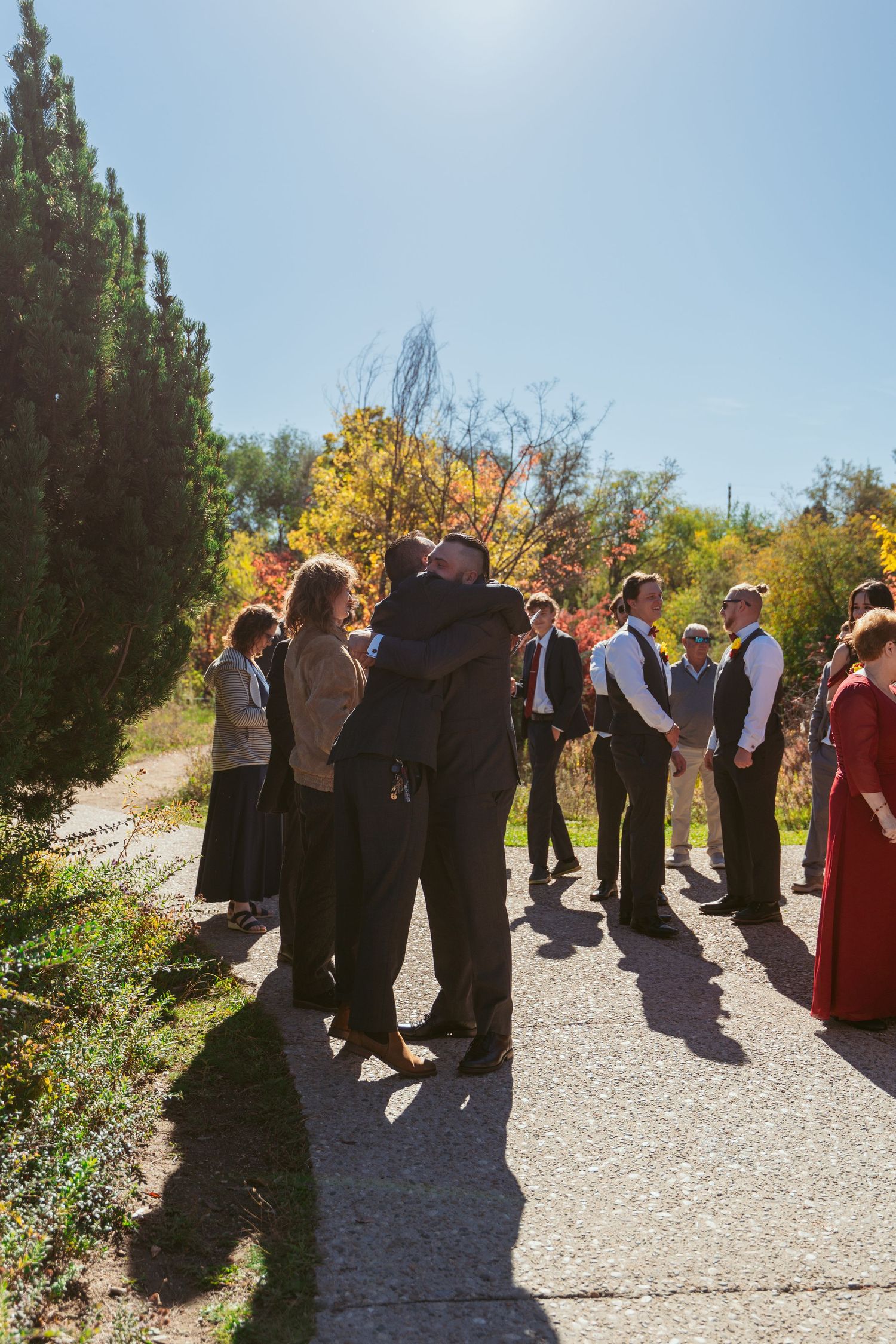 Wedding group gathers on sunny path with evergreen trees and fall colors in background.
