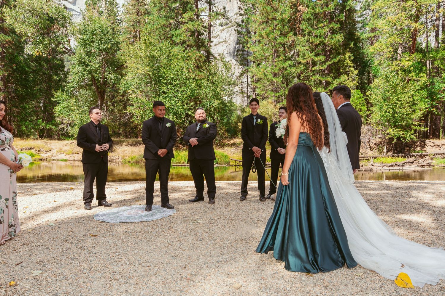 Wedding celebration in a scenic meadow surrounded by tall pine trees in Yosemite National Park.