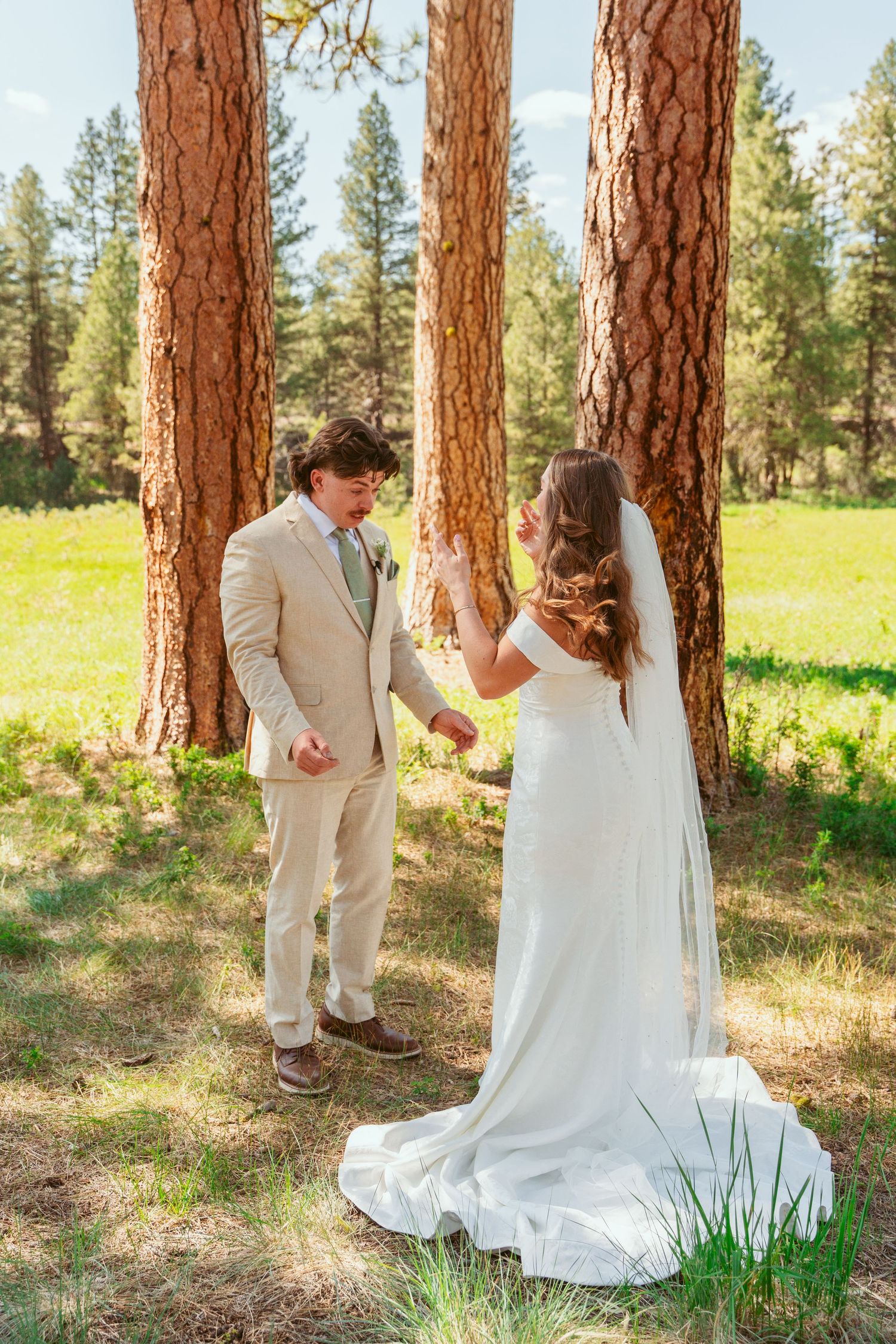 A wedding couple's first look sequence captured in a rustic outdoor pine forest setting.