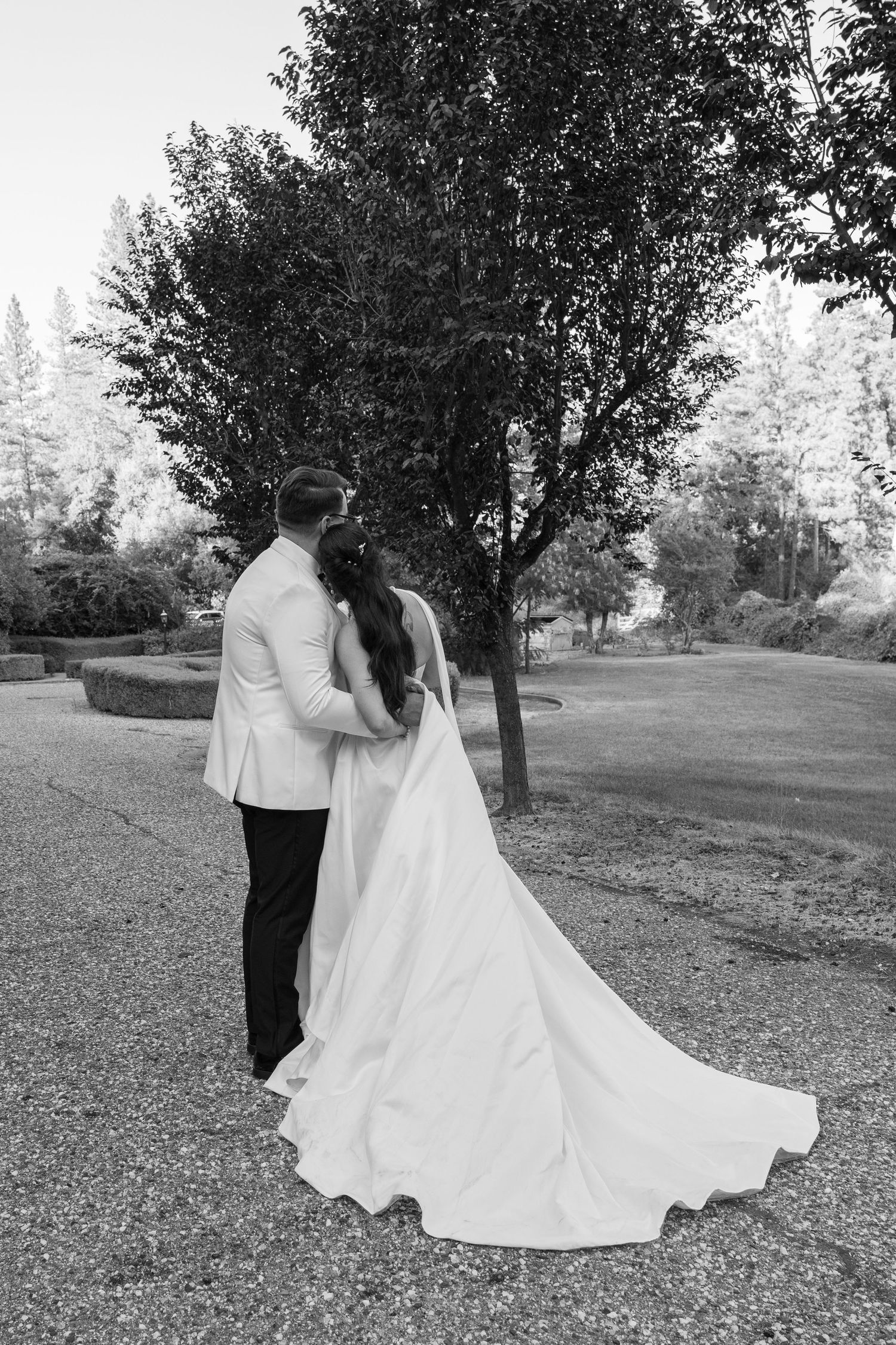 A wedding couple shares an intimate moment on a grassy hillside with trees in black and white.