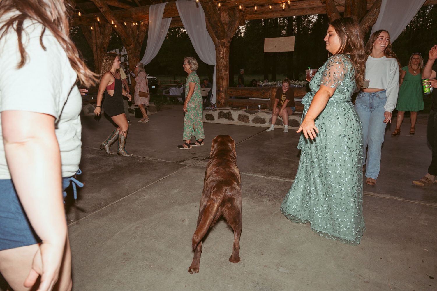 Guests dance and celebrate on a covered outdoor dance floor with string lights and forest backdrop.