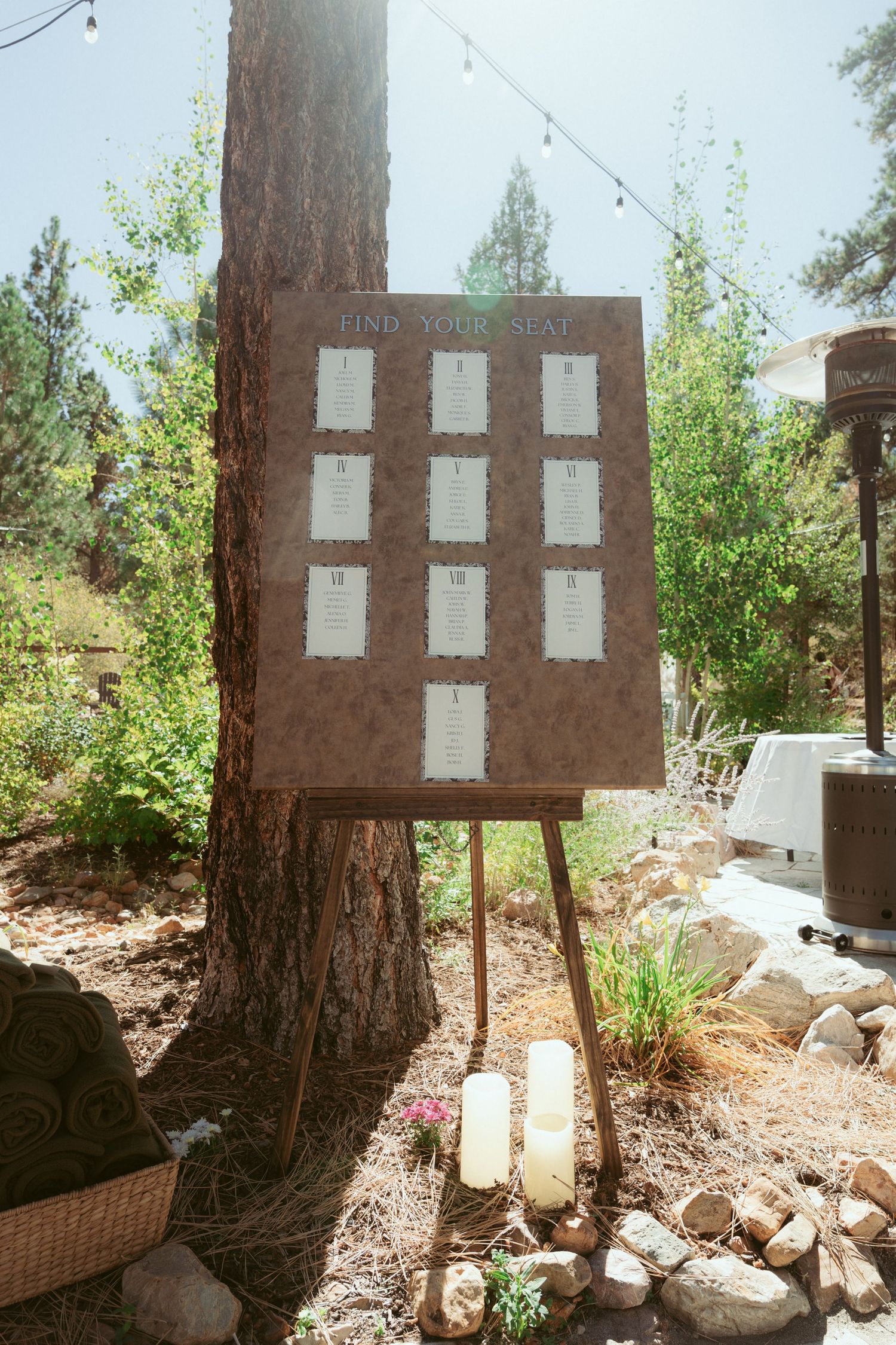 Wooden seating chart display board mounted against a large tree trunk.