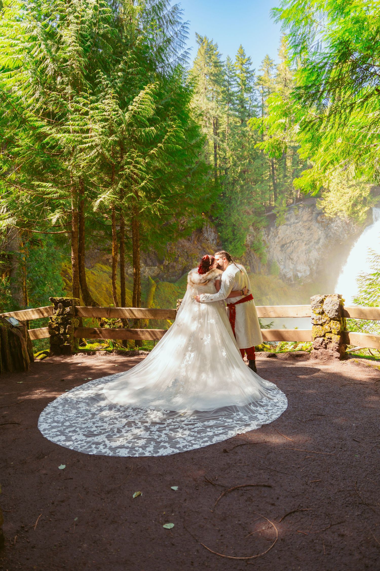 Wedding couple photographed in sequence against a sunlit forest backdrop.