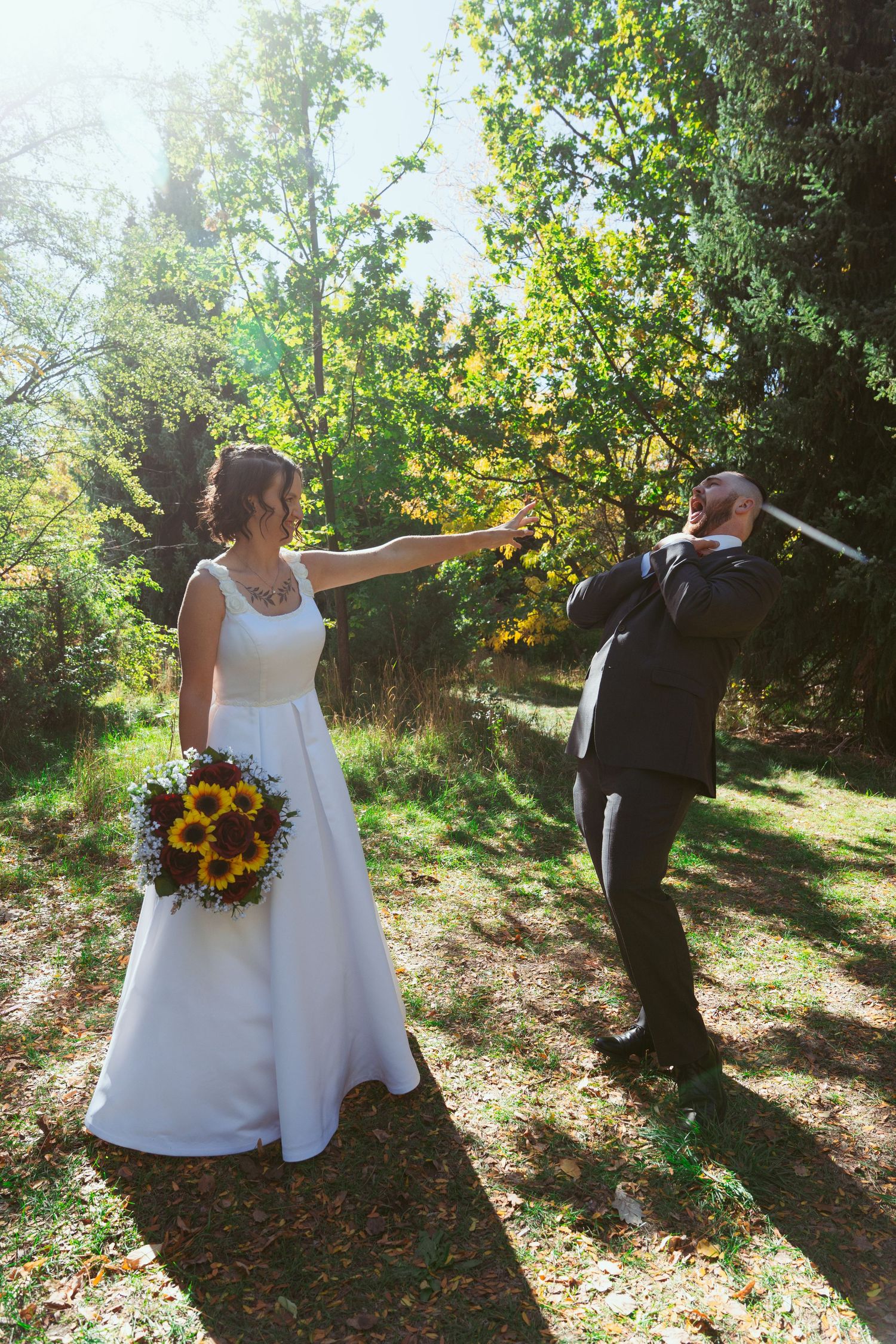 Playful wedding photo sequence showing couple in white dress and black suit posing dramatically outdoors.