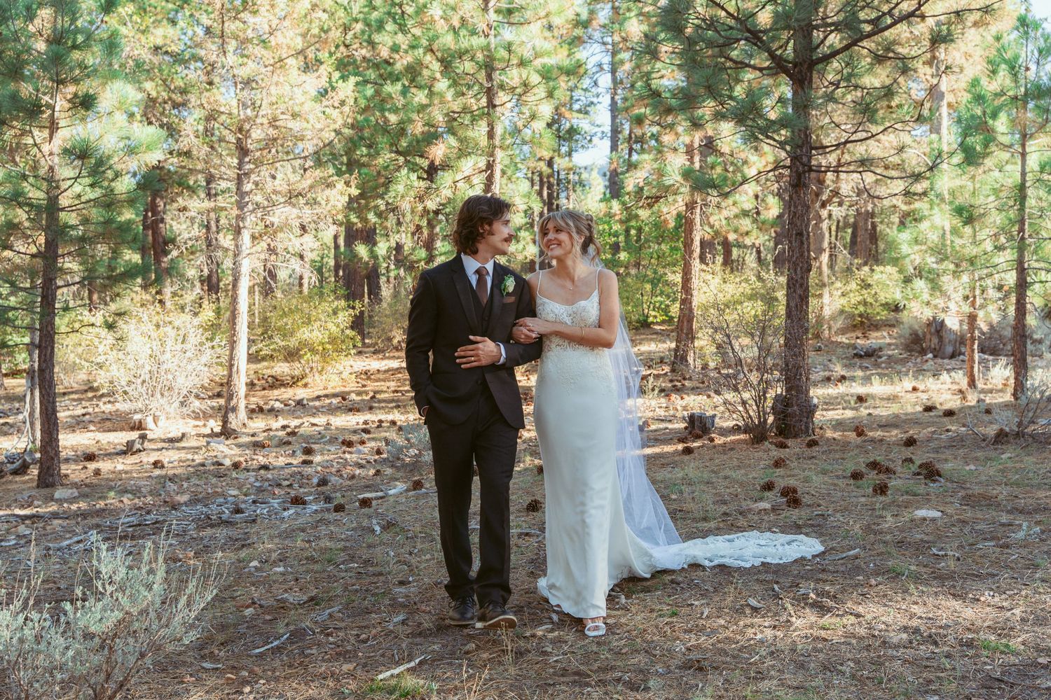 A wedding couple shares tender moments in sequence against a backdrop of towering pines.
