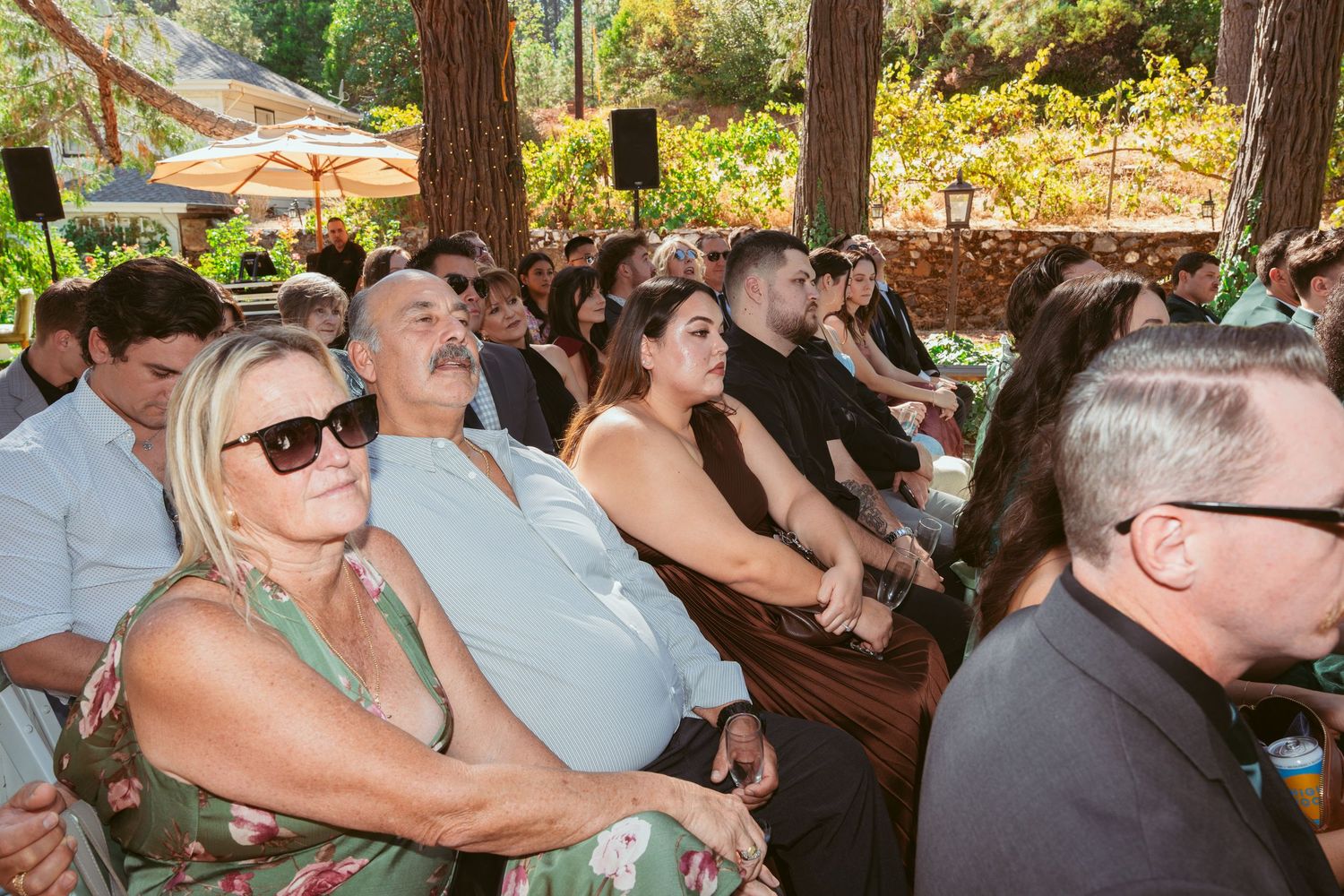 Wedding guests enjoy outdoor ceremony seating under shaded tree canopy.