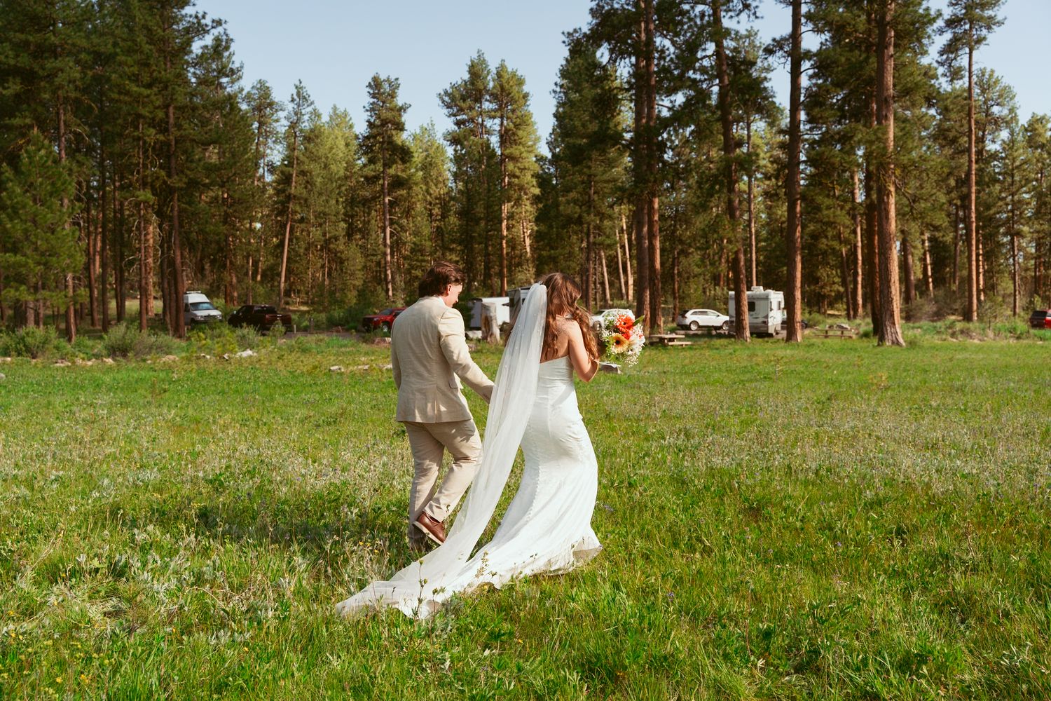 Panoramic view of outdoor mountain wedding ceremony with white draping and pine forest.