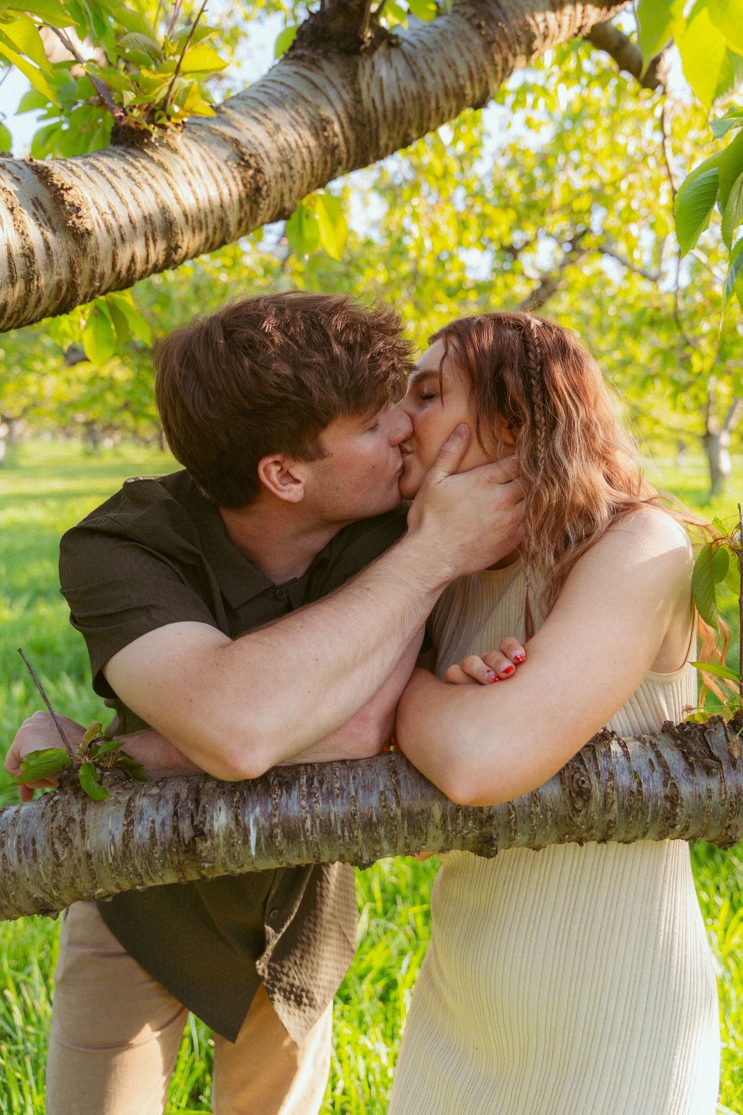 A couple shares a romantic kiss outdoors, leaning against a birch tree in a lush green park on a sunny day.