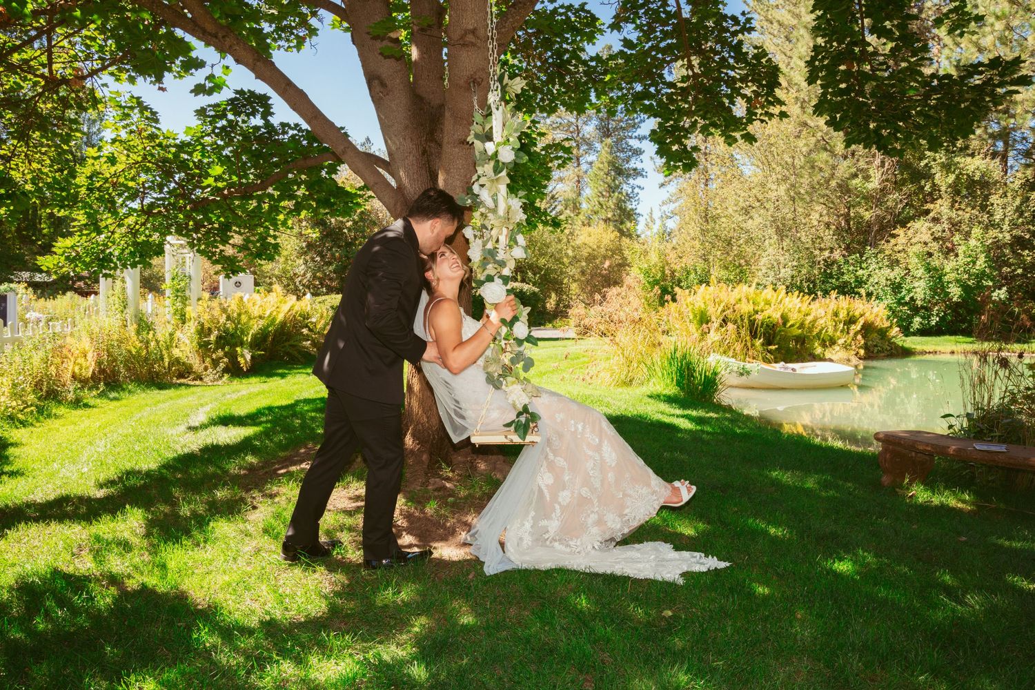 Wedding couple and party members pose playfully across a series of outdoor garden shots.