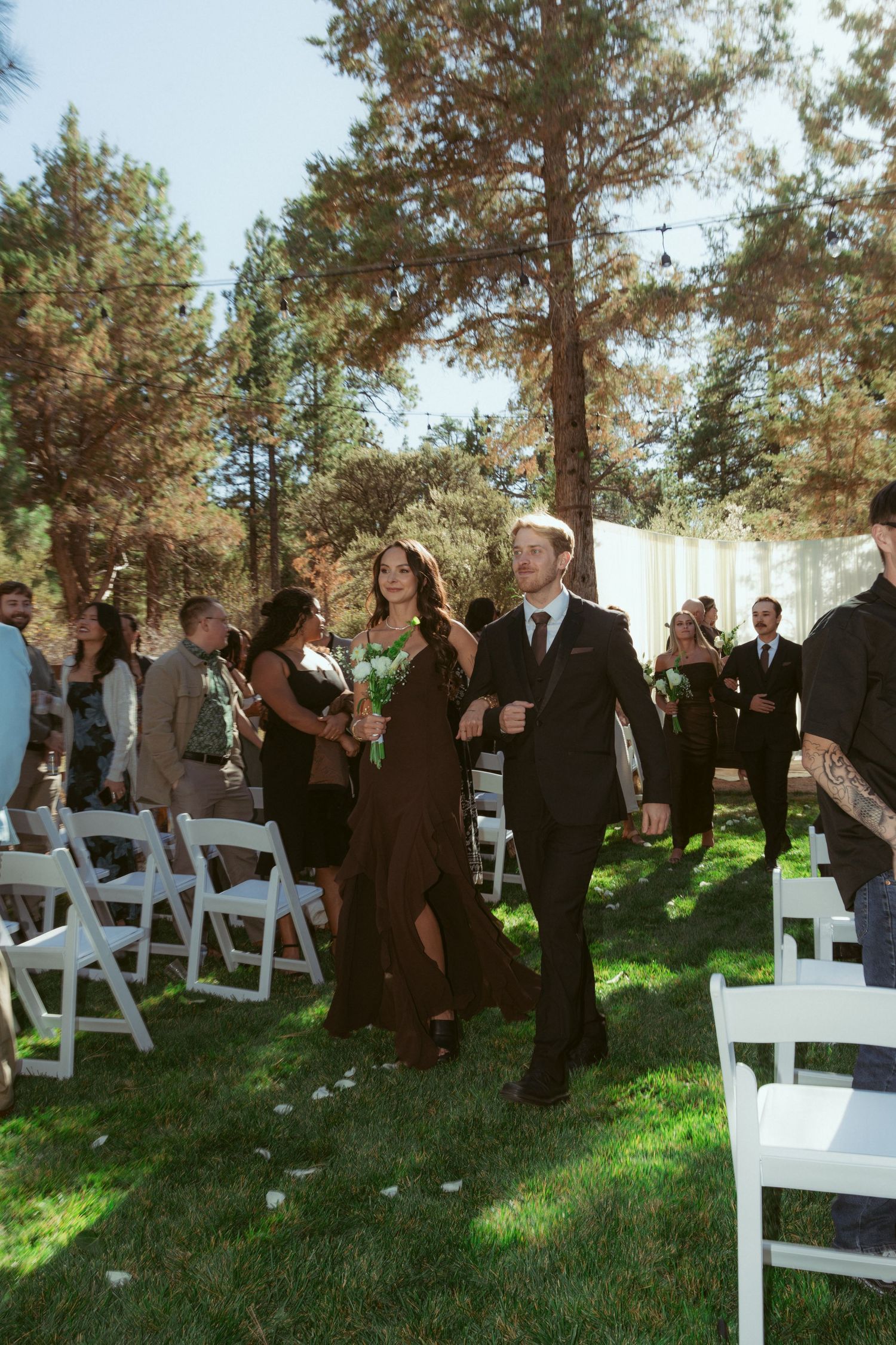 Wedding guests mingling between white chairs arranged on grass beneath towering pine trees.