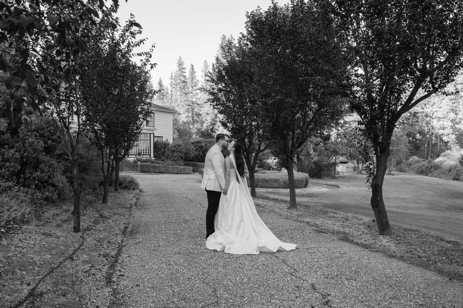 A scenic wedding photo shoot among trees in a serene outdoor setting.