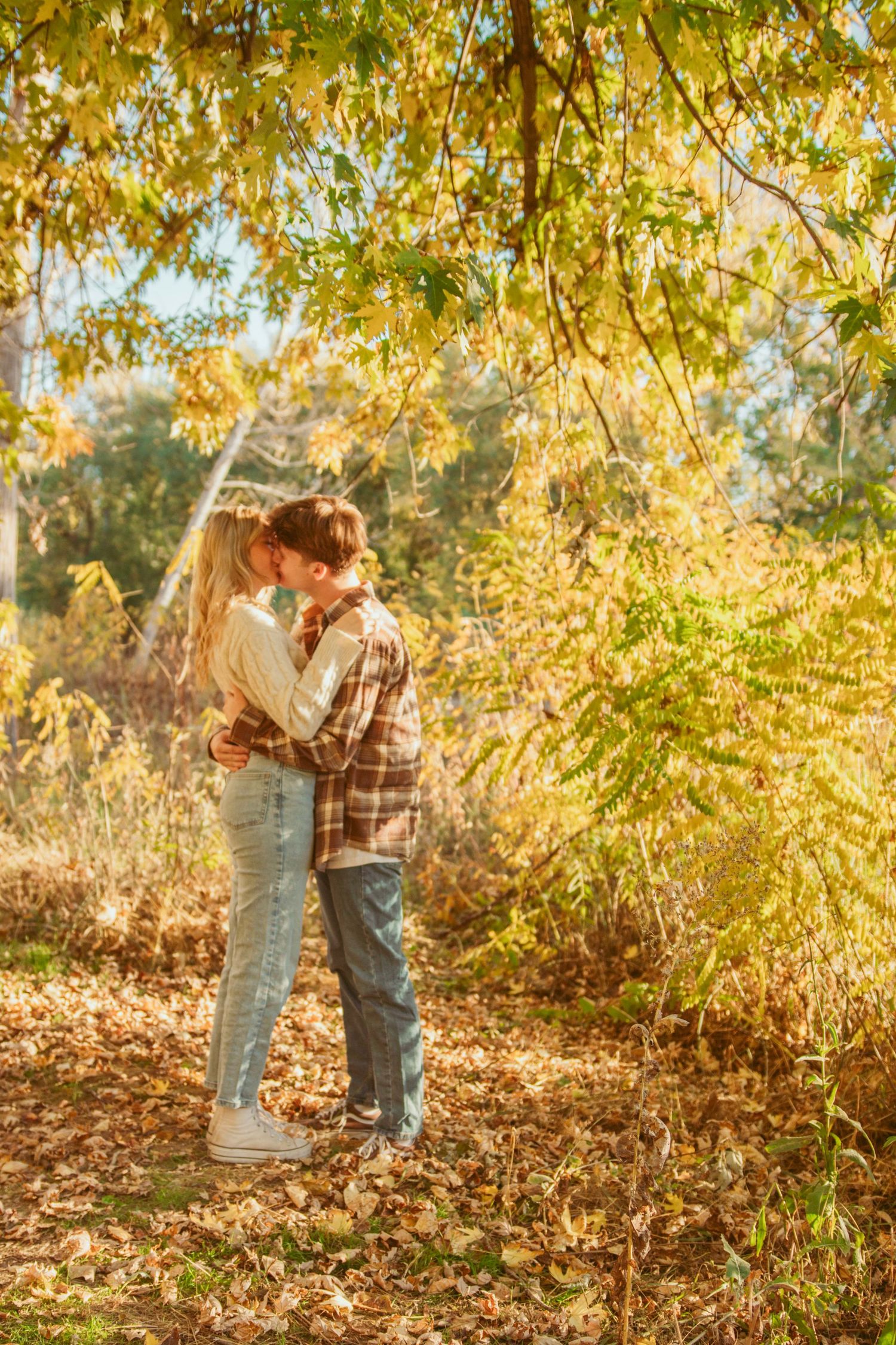 A couple embraces under golden autumn trees during sunset.